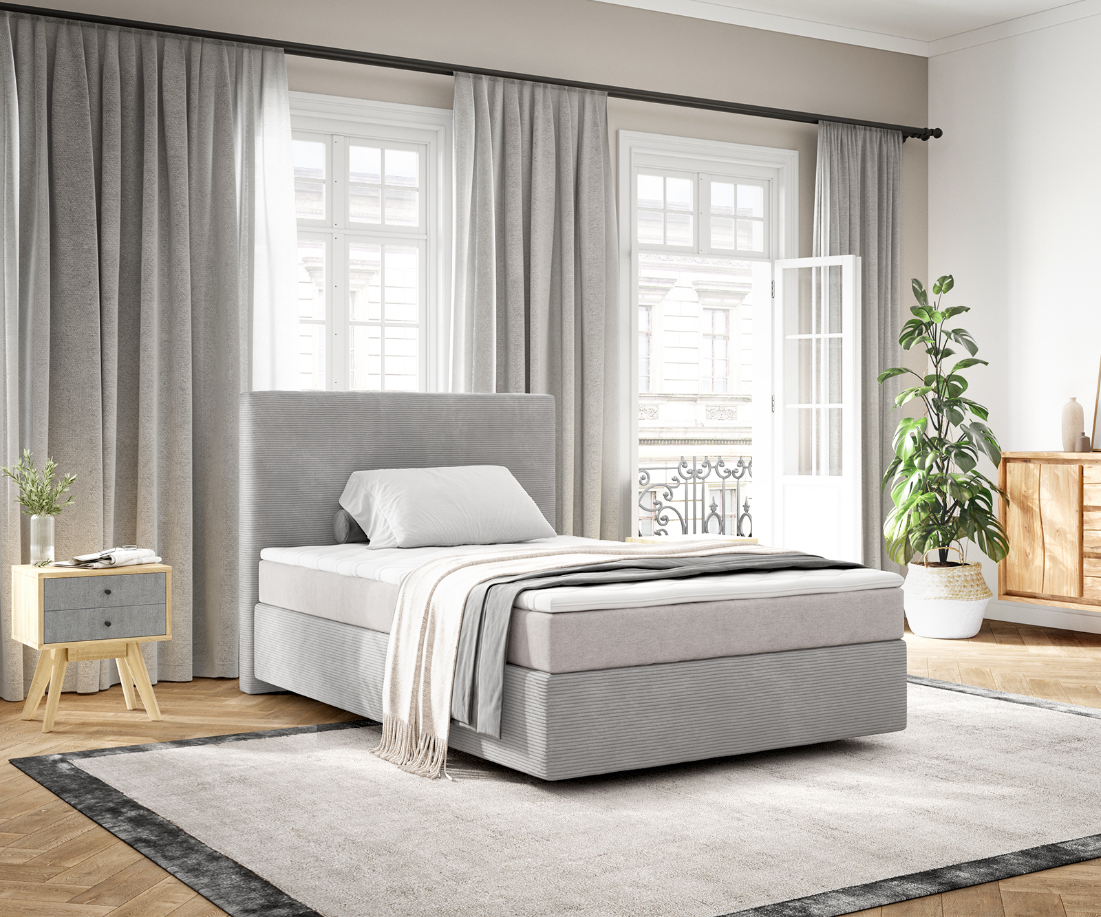 DELIFE Boxspringbett Dream-Well 120×200 cm Cord Silbergrau mit Taschenfederkernmatratze und Topper Visco, Boxspringbetten