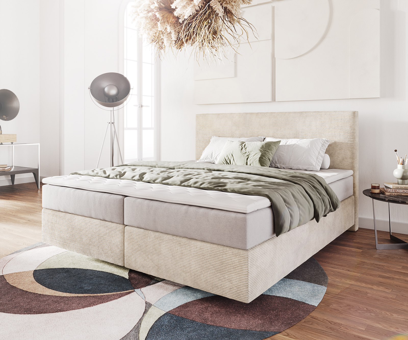 DELIFE Boxspringbett Dream-Well 180×200 cm Cord Beige mit Taschenfederkernmatratze und Topper Visco, Boxspringbetten