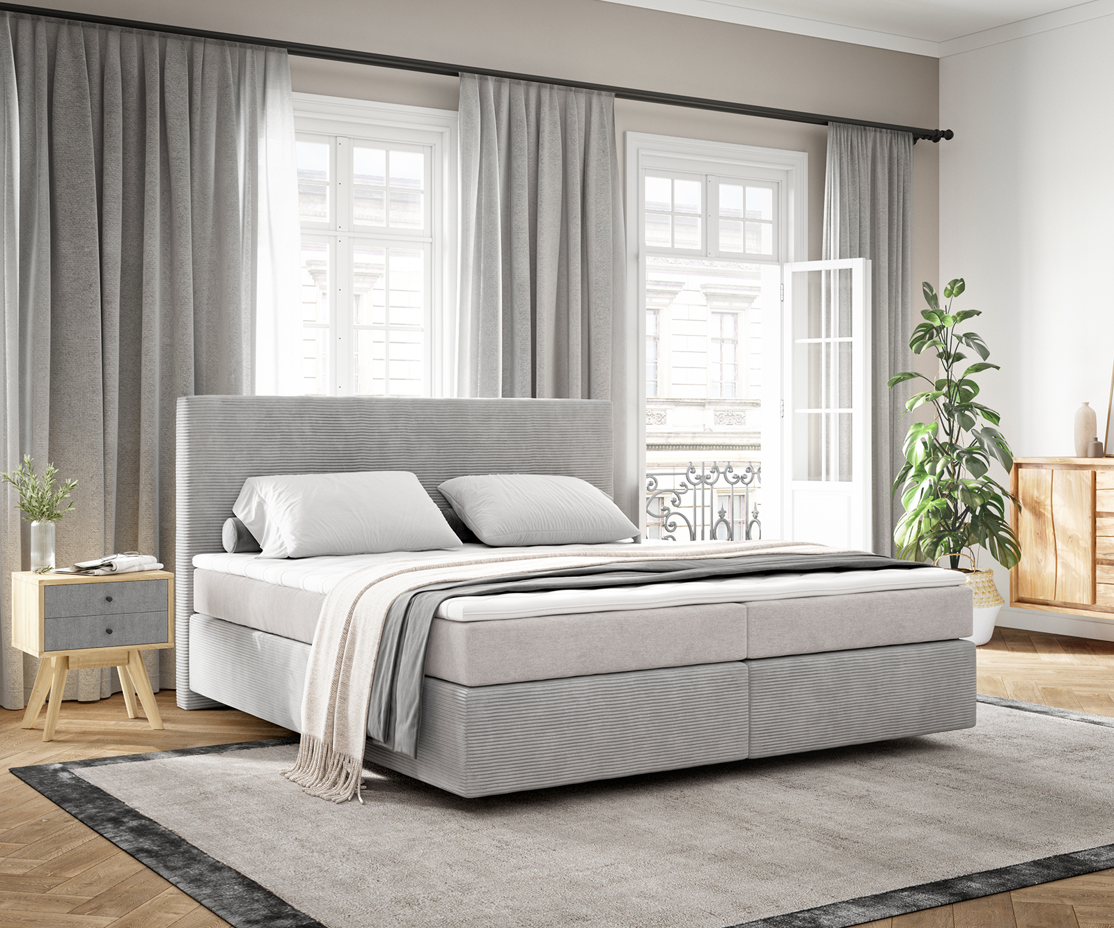 DELIFE Boxspringbett Dream-Well 180×200 cm Cord Silbergrau mit Taschenfederkernmatratze und Topper Visco, Boxspringbetten