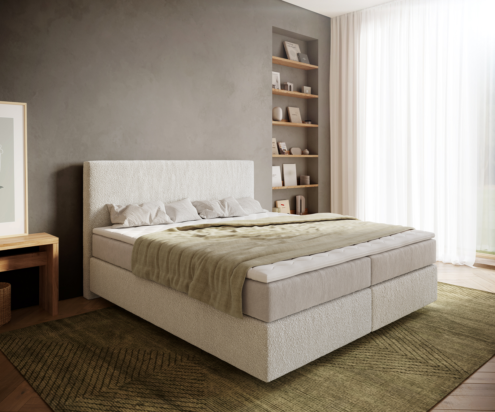 DELIFE Boxspringbett Dream-Well 180×200 cm Bouclé Creme-Weiß mit Taschenfederkernmatratze und Topper Visco, Boxspringbetten