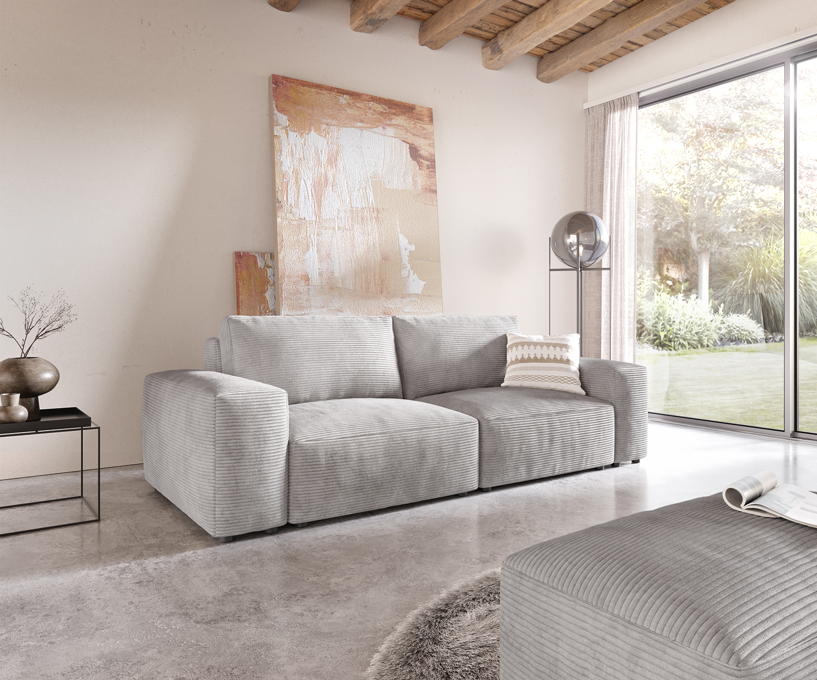 DELIFE Big-Sofa Lanzo L 260×110 cm Cord Silbergrau mit Hocker, Big Sofas