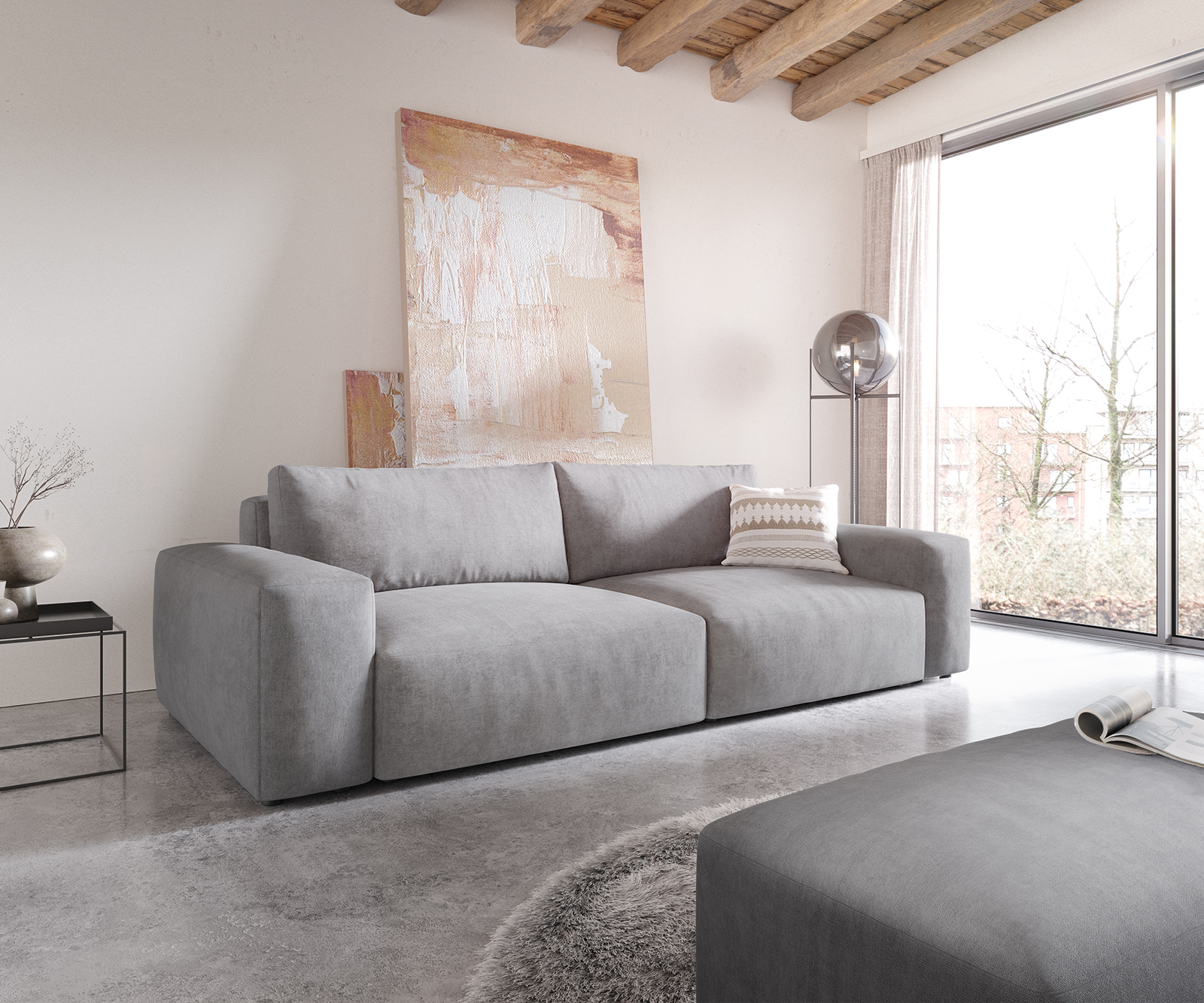 DELIFE Big-Sofa Lanzo XL 270×130 cm Mikrofaser Grau mit Hocker, Big Sofas