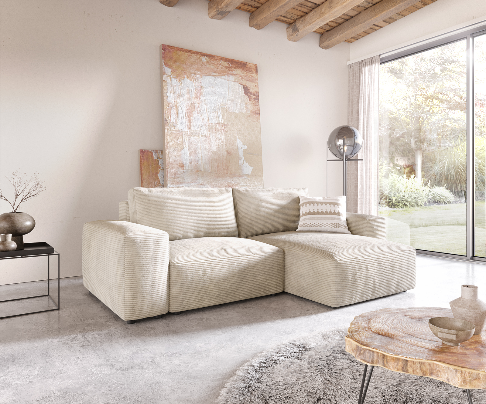 DELIFE Ecksofa Lanzo L 260×160 cm Cord Beige Recamiere variabel, Ecksofas