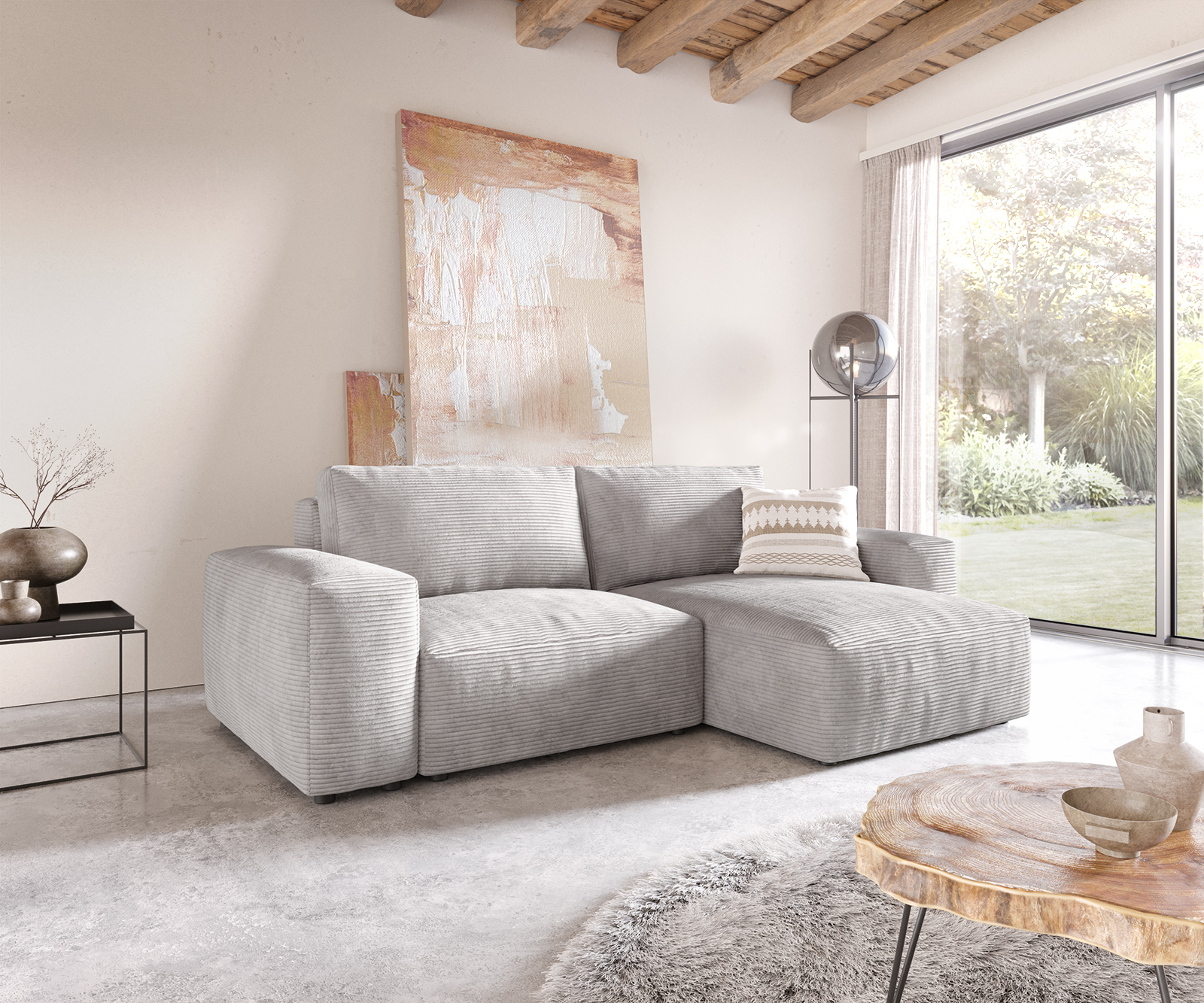 DELIFE Ecksofa Lanzo L 260×160 cm Cord Silbergrau Recamiere variabel, Ecksofas