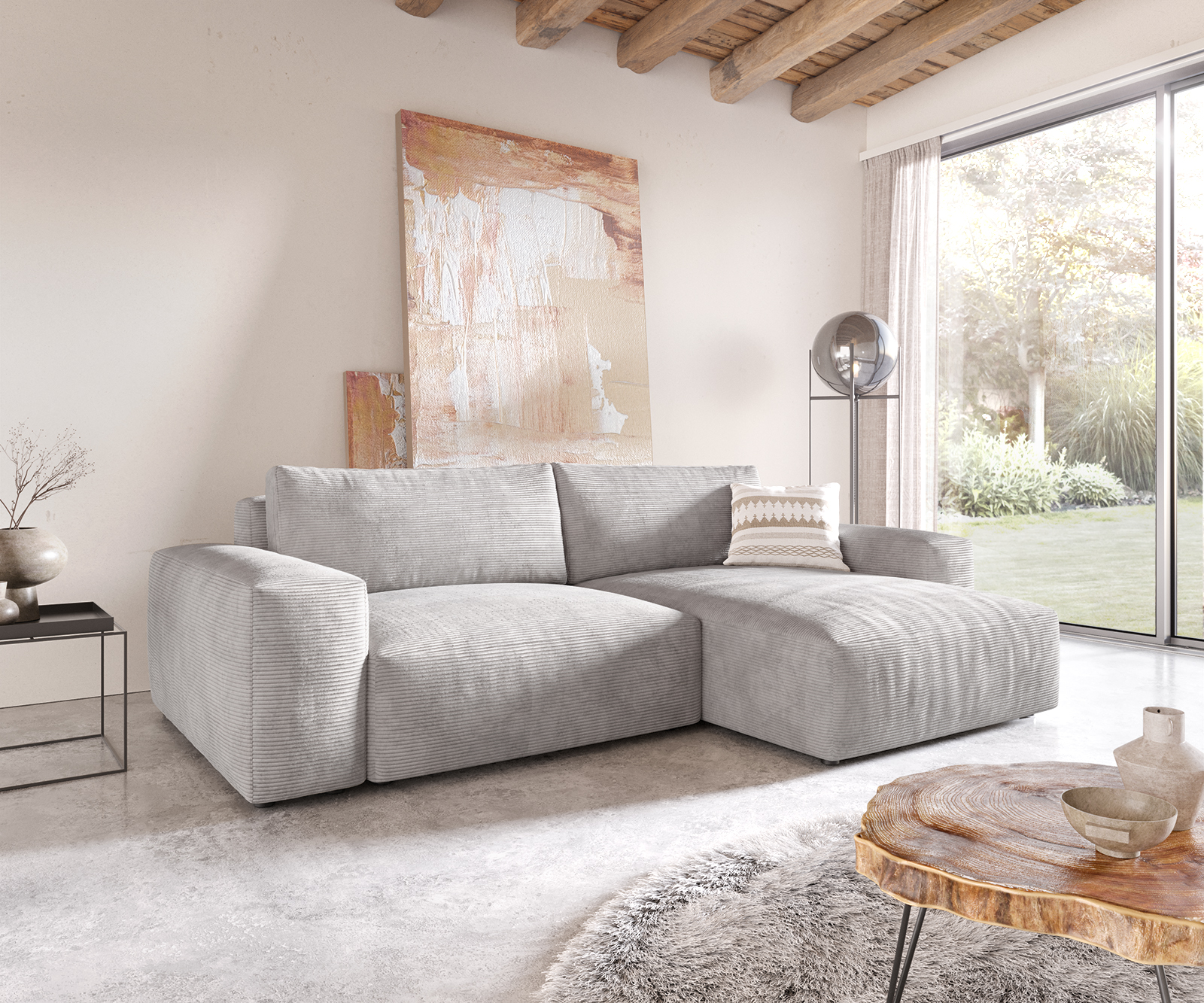 DELIFE Ecksofa Lanzo XL 270×180 cm Cord Silbergrau Recamiere variabel, Ecksofas