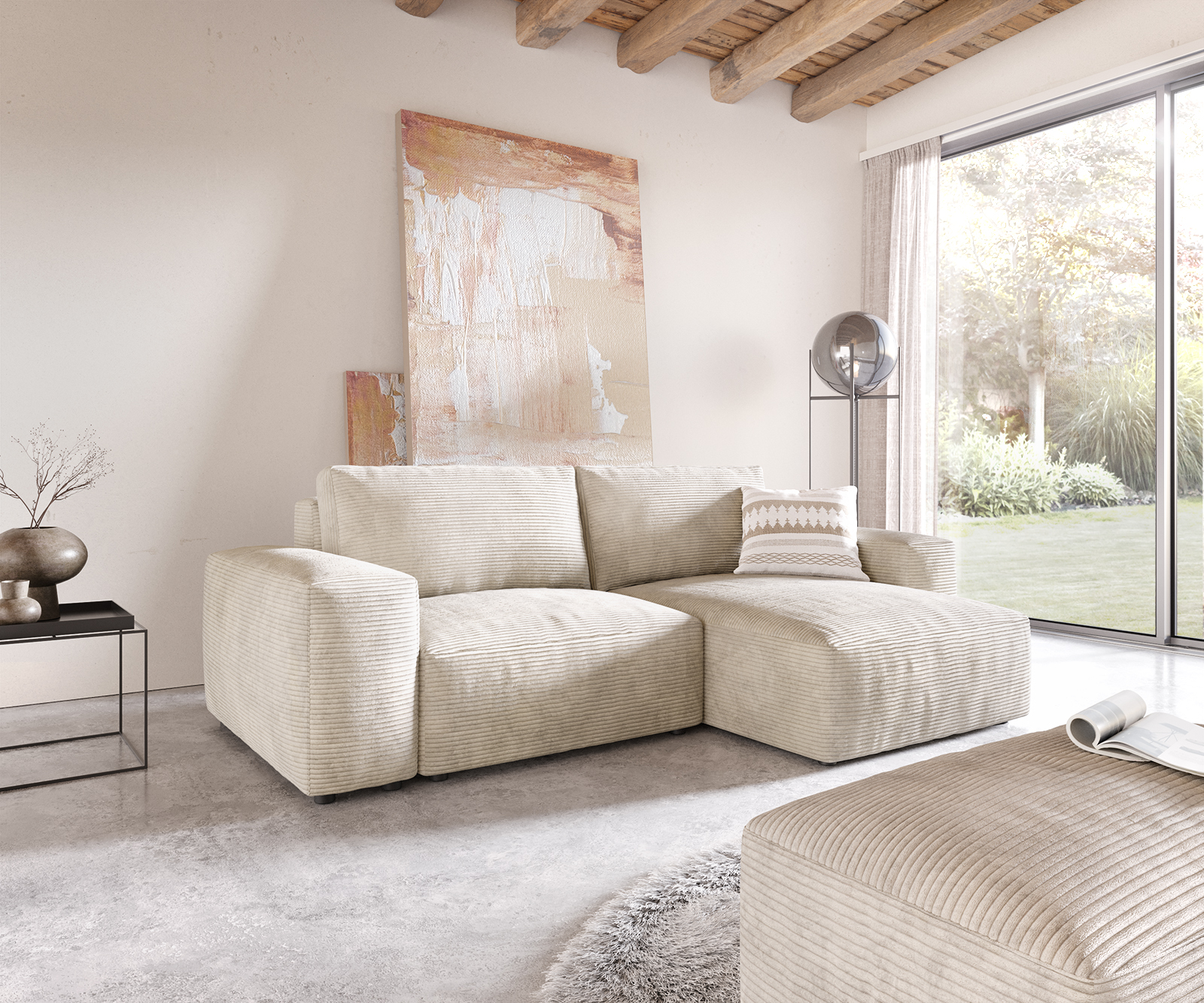 DELIFE Ecksofa Lanzo L 260×160 cm Cord Beige Recamiere variabel mit Hocker, Ecksofas