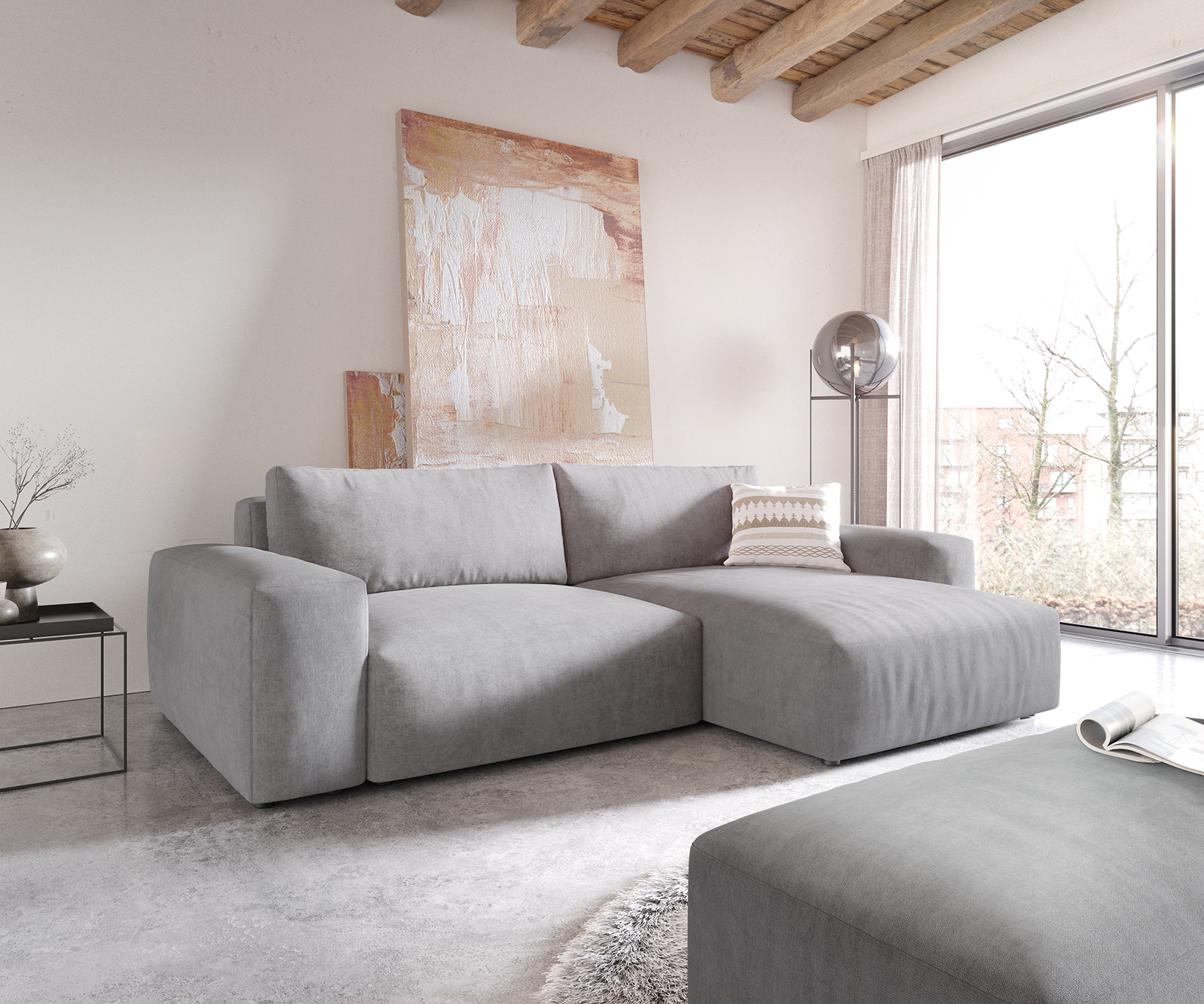 DELIFE Ecksofa Lanzo XL 270×180 cm Mikrofaser Grau Recamiere variabel mit Hocker, Ecksofas