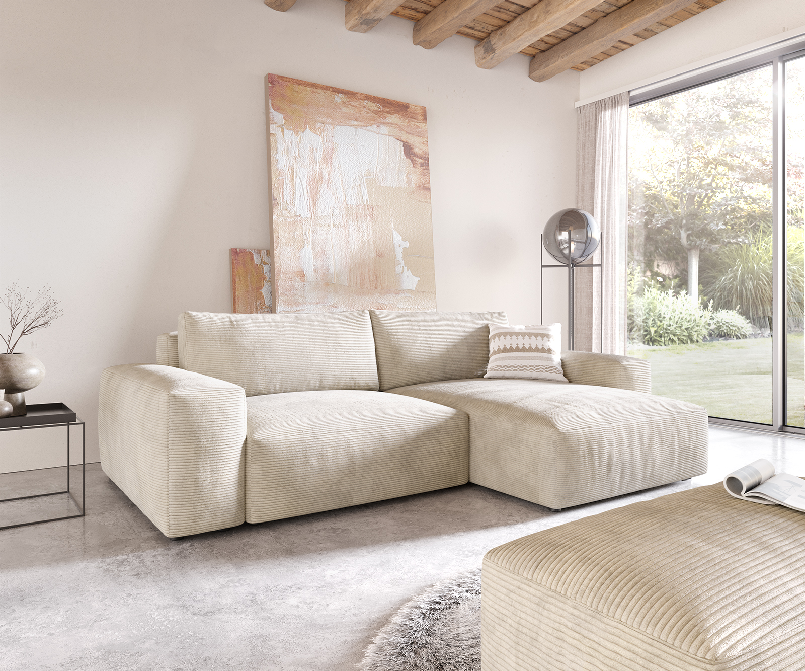 DELIFE Ecksofa Lanzo XL 270×180 cm Cord Beige Recamiere variabel mit Hocker, Ecksofas