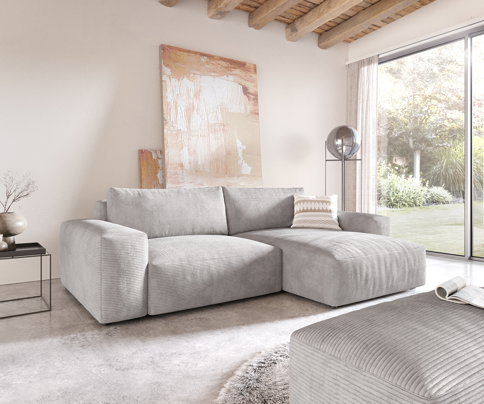 DELIFE Ecksofa Lanzo XL 270×180 cm Cord Silbergrau Recamiere variabel mit Hocker, Ecksofas