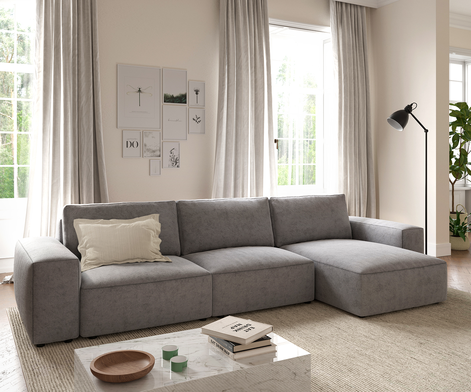 DELIFE Ecksofa Lanzo L 360×160 cm Mikrofaser Grau Recamiere variabel, Ecksofas