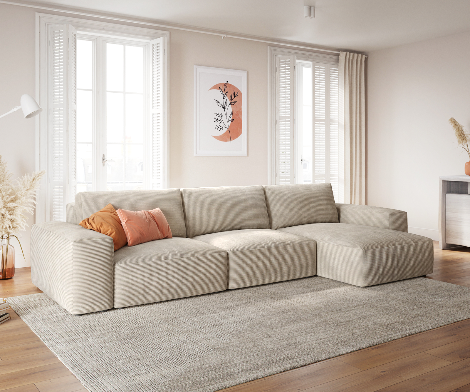 DELIFE Ecksofa Lanzo XL 380×180 cm Cord Beige Recamiere variabel, Ecksofas