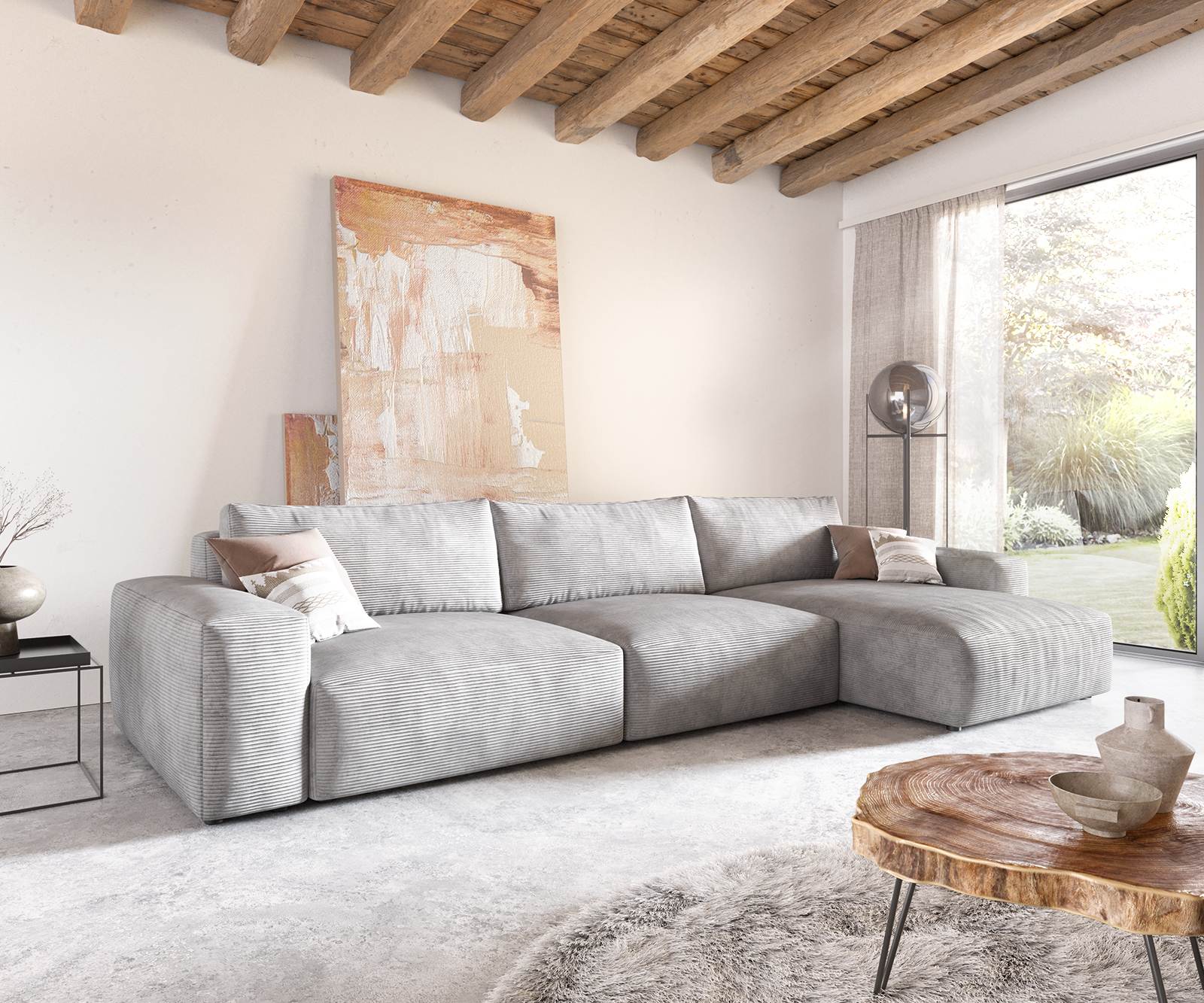 DELIFE Ecksofa Lanzo XL 380×180 cm Cord Silbergrau Recamiere variabel, Ecksofas