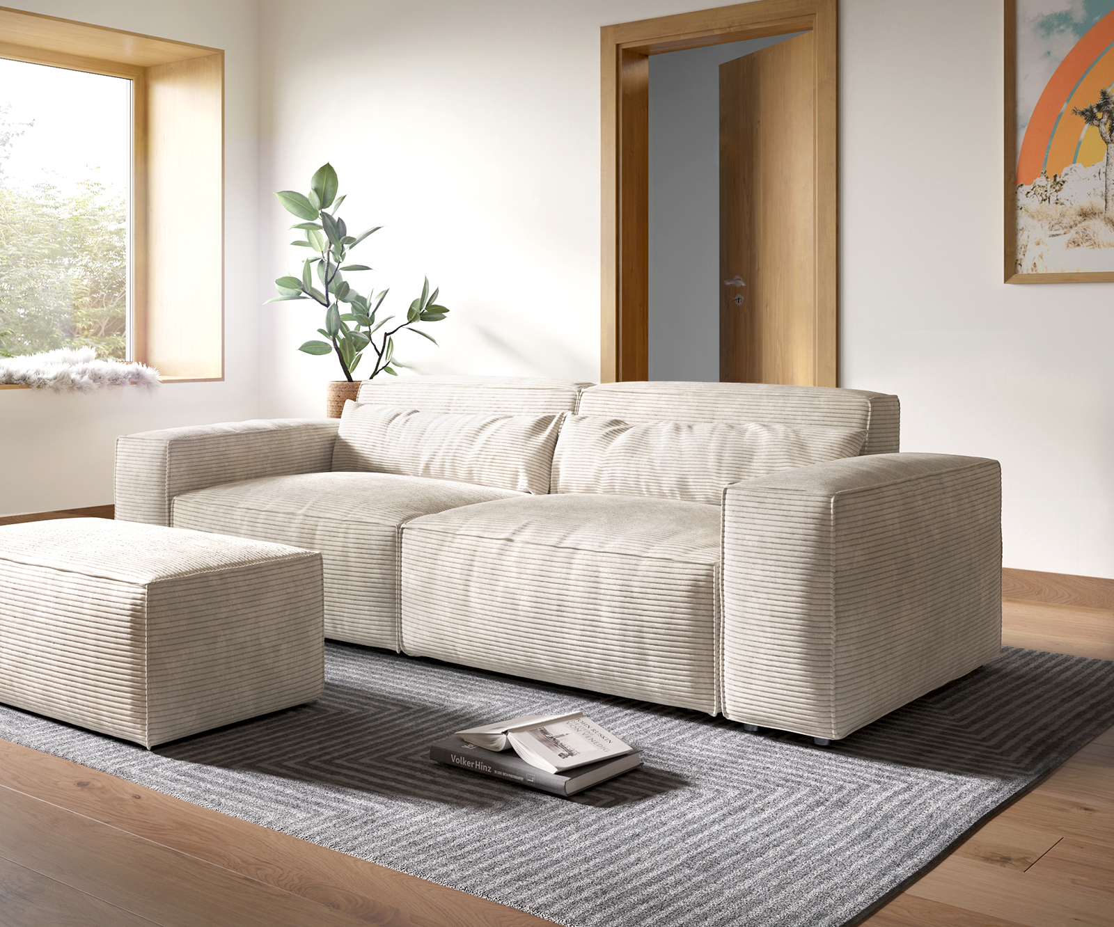 DELIFE Big-Sofa Sirpio XL 270×130 cm Cord Beige mit Hocker, Big Sofas