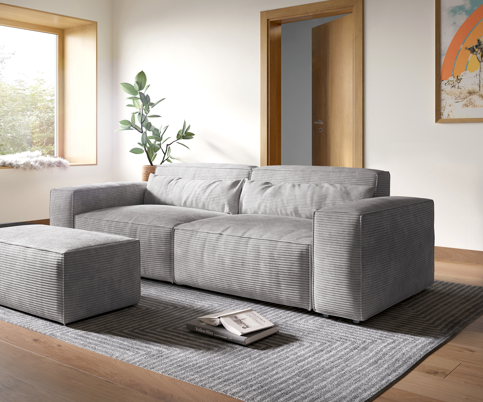 DELIFE Big-Sofa Sirpio XL 270×130 cm Cord Silbergrau mit Hocker, Big Sofas