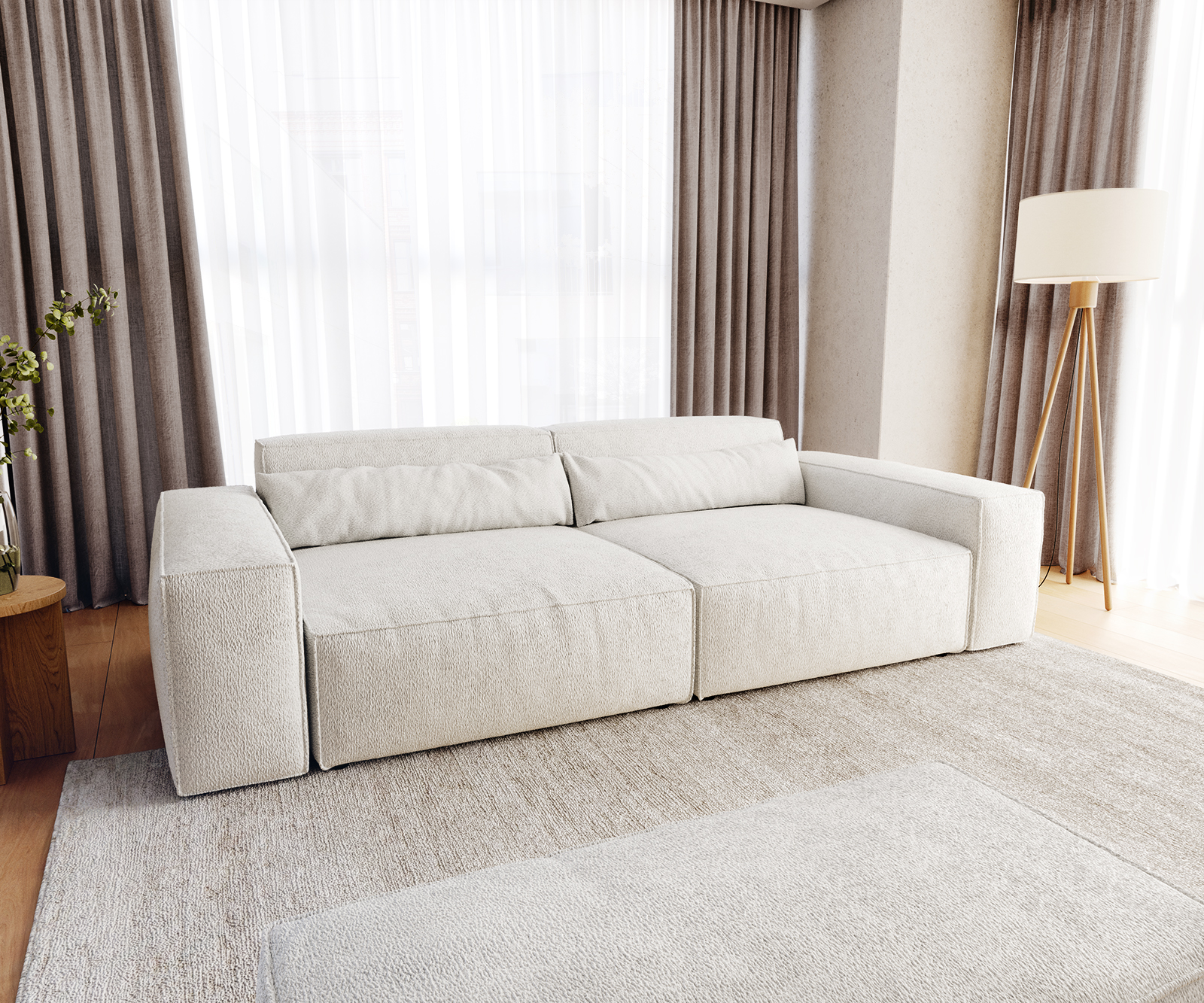 DELIFE Big-Sofa Sirpio XL 270×130 cm Bouclé Creme-Weiß mit Hocker, Big Sofas