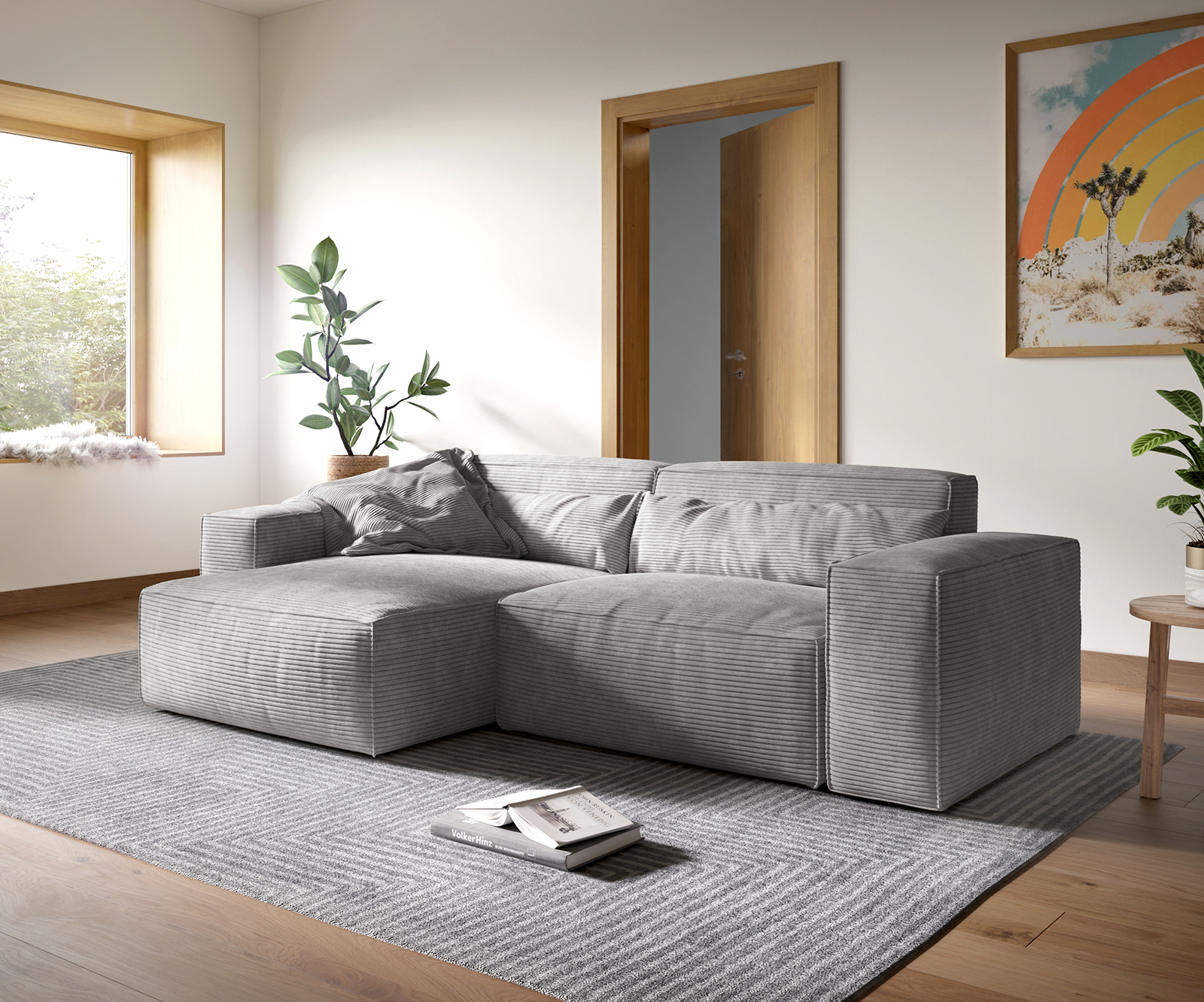 DELIFE Ecksofa Sirpio XL 270×170 cm Cord Silbergrau Recamiere variabel, Ecksofas