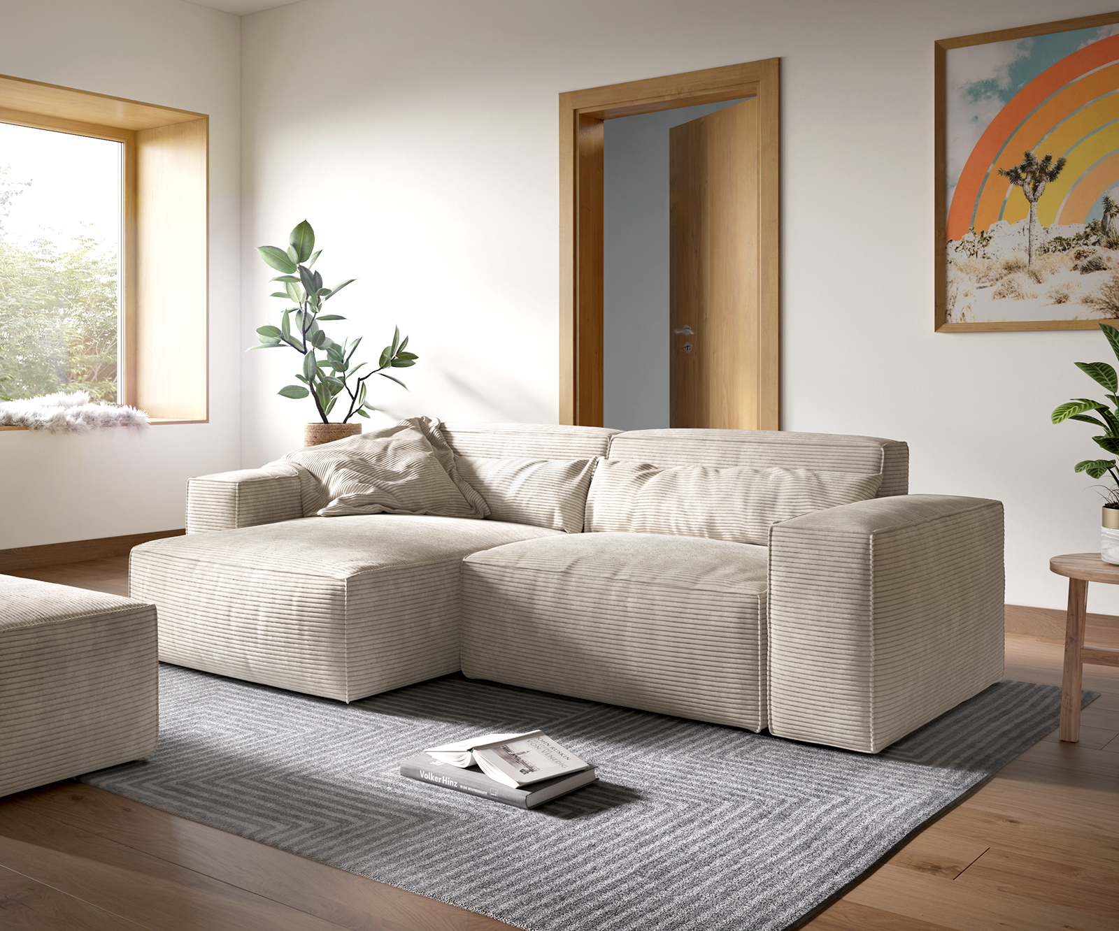 DELIFE Ecksofa Sirpio XL 270×170 cm Cord Beige Recamiere variabel mit Hocker, Ecksofas