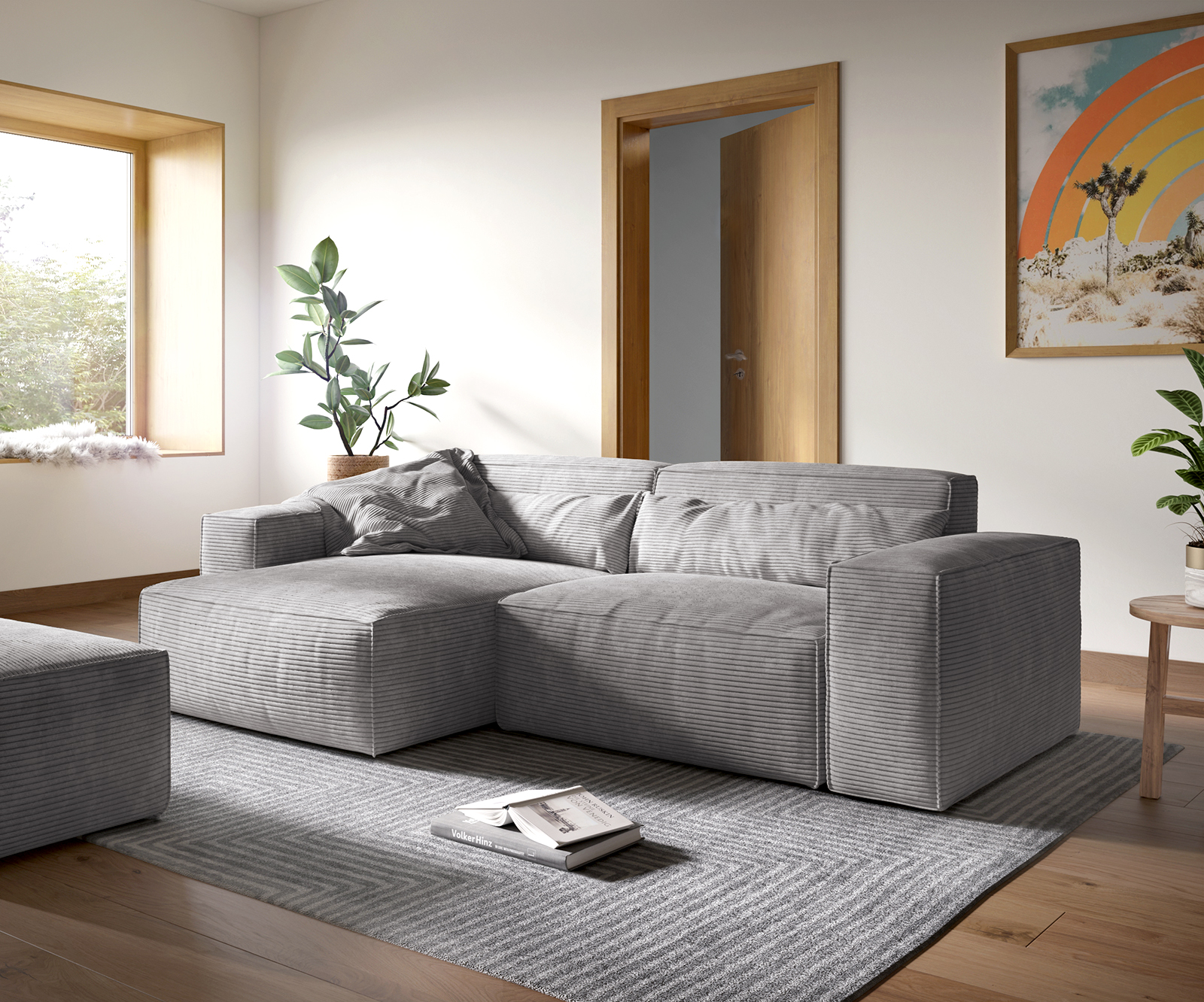 DELIFE Ecksofa Sirpio XL 270×170 cm Cord Silbergrau Recamiere variabel mit Hocker, Ecksofas