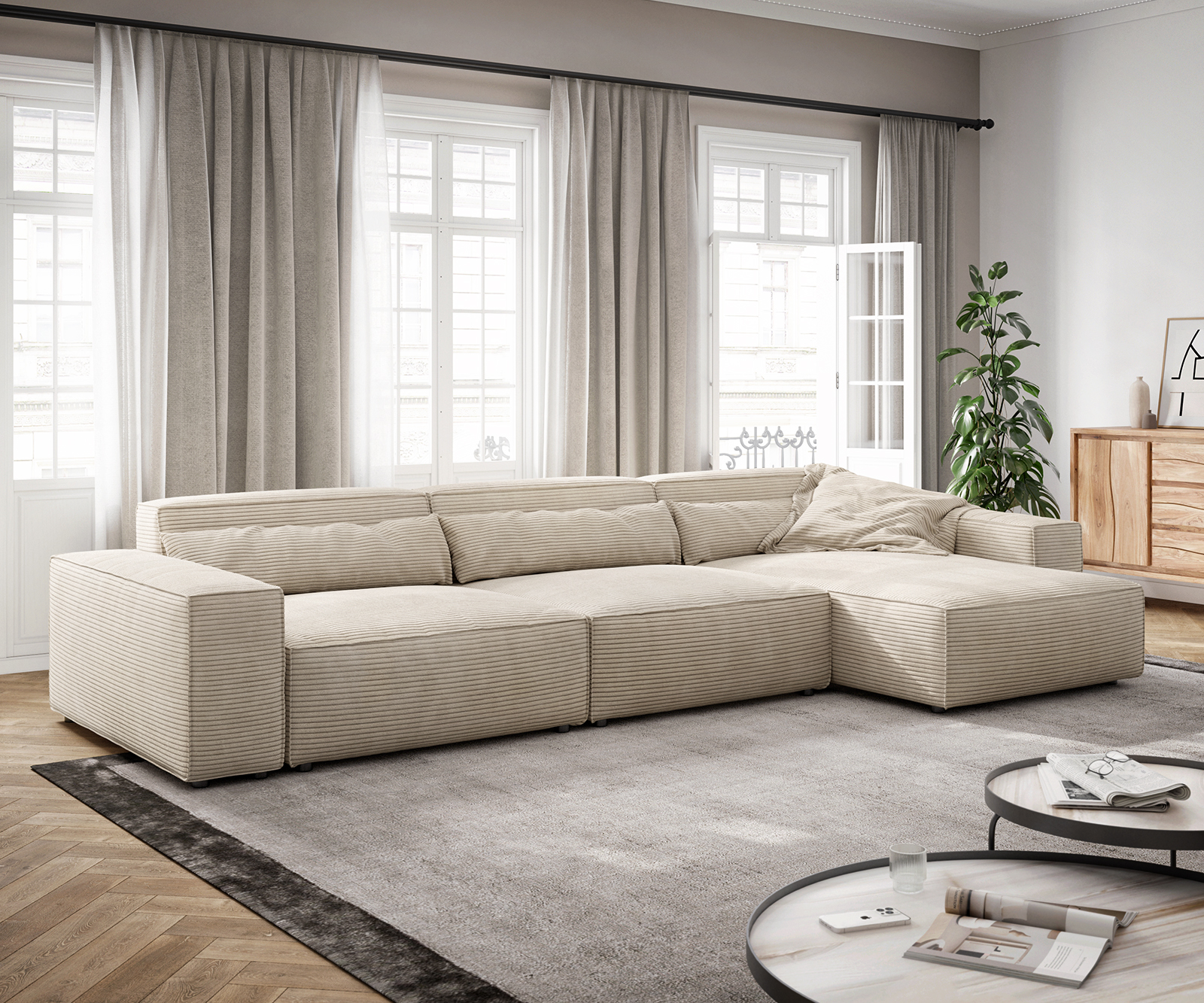 DELIFE Ecksofa Sirpio XL 370×170 cm Cord Beige Recamiere variabel, Ecksofas