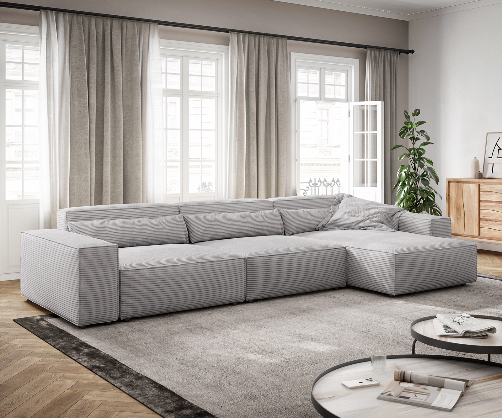 DELIFE Ecksofa Sirpio XL 370×170 cm Cord Silbergrau Recamiere variabel, Ecksofas