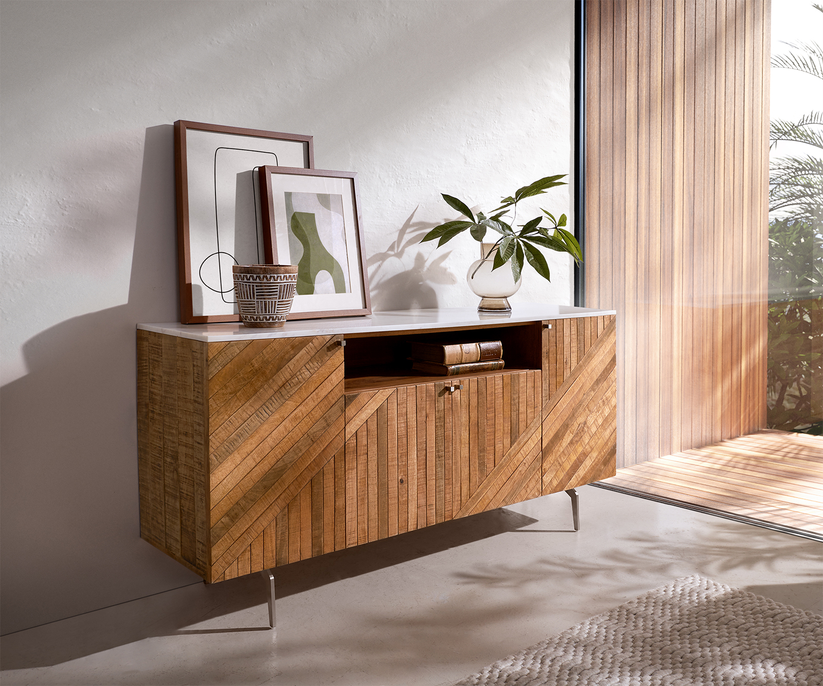 DELIFE Sideboard Bahan 145 cm Mango Teak 4 Türen 1 Fach Marmorplatte weiss Winkelfuß Edelstahl, Sideboards