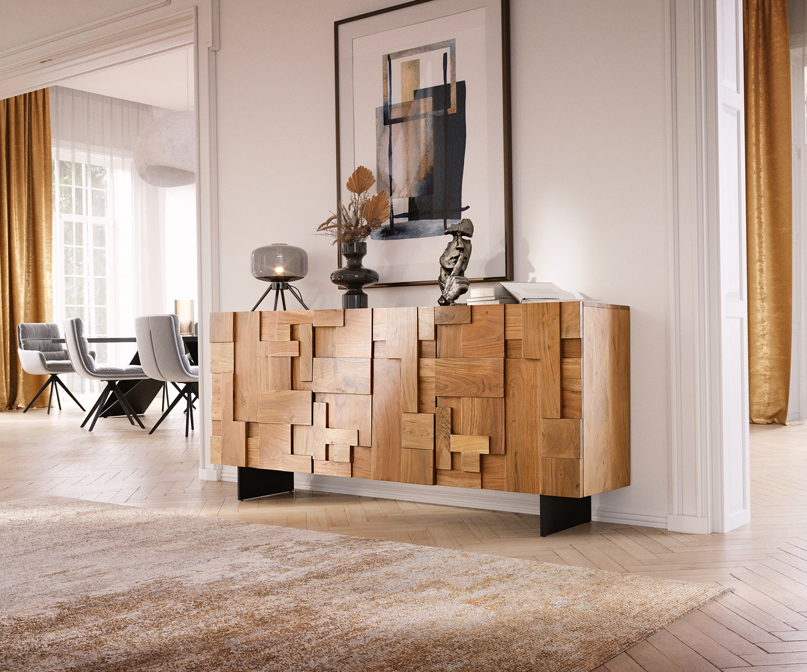 DELIFE Sideboard Puzzle 175 cm Akazie Natur 3 Türen Fuß schwebend Metall Schwarz, Sideboards