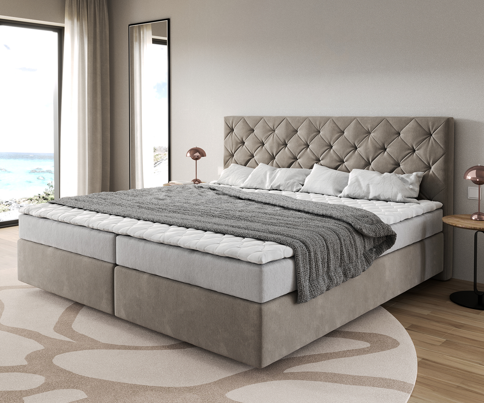 DELIFE Boxspringbett Dream-Great Mikrofaser Beige 200×200 cm Bonell-Matratze PU-Topper, Boxspringbetten