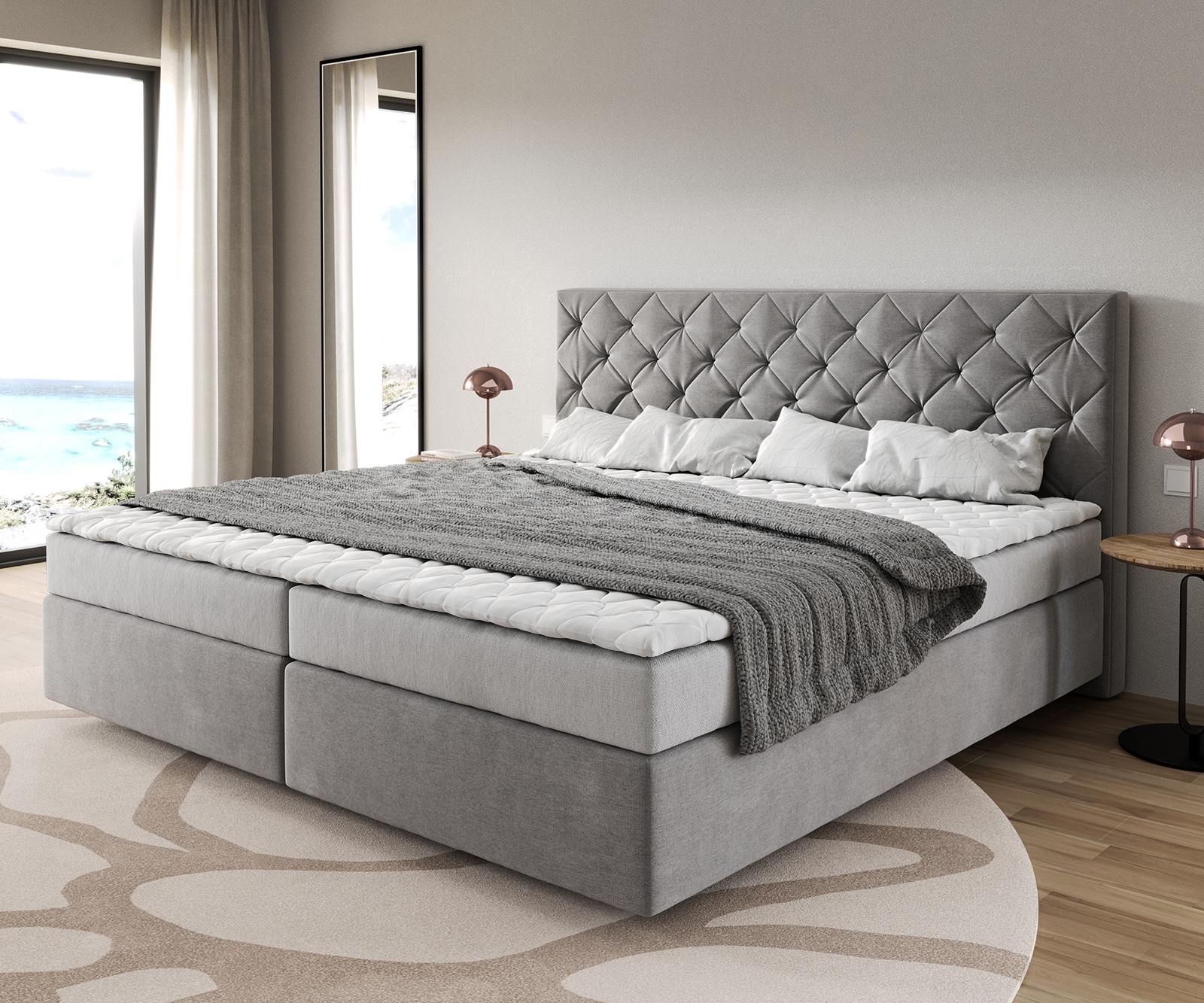 DELIFE Boxspringbett Dream-Great Mikrofaser Grau 200×200 cm Bonell-Matratze PU-Topper, Boxspringbetten