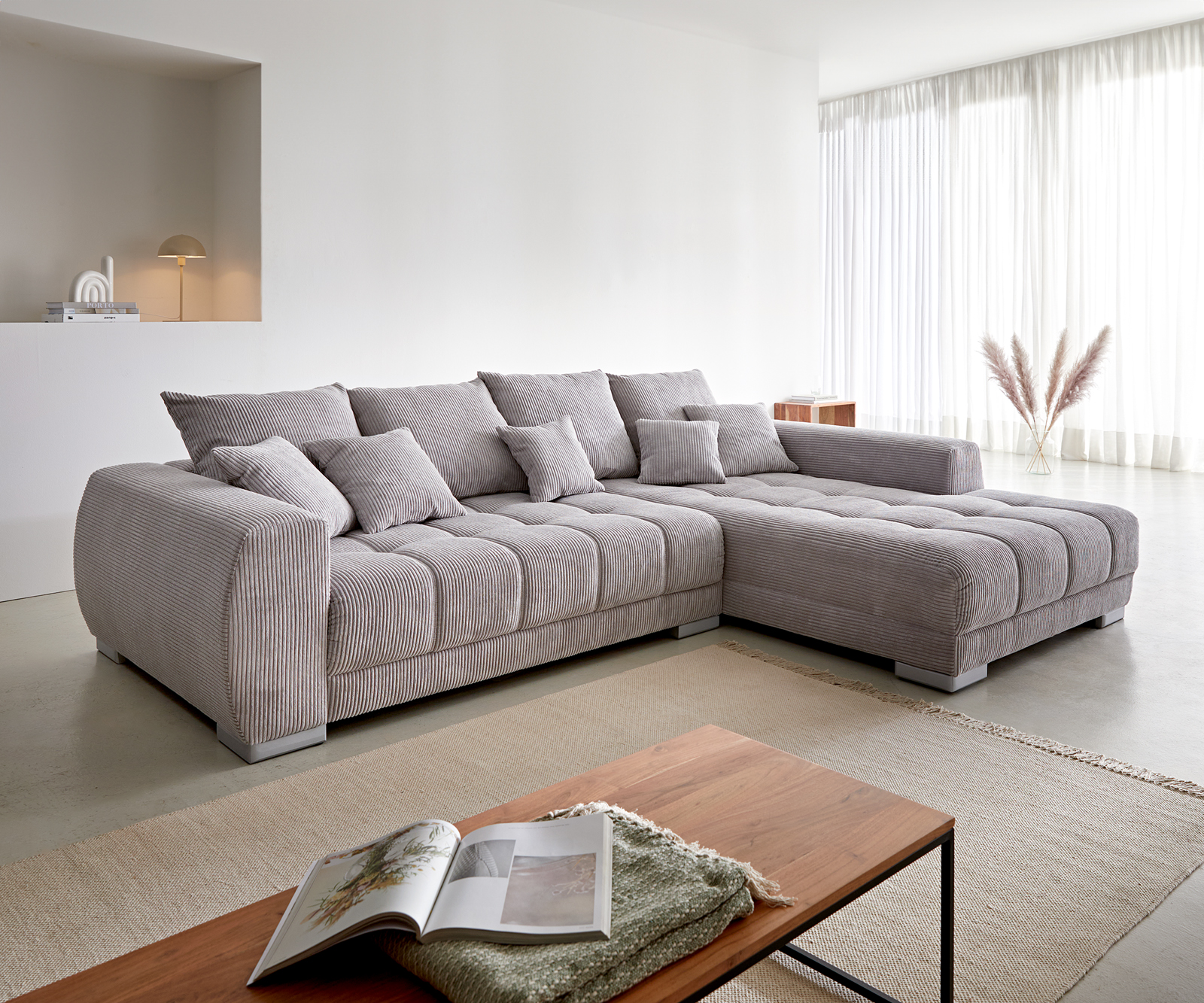 DELIFE Ecksofa Josea 300×220 cm Cord Silbergrau Ottomane rechts, Ecksofas