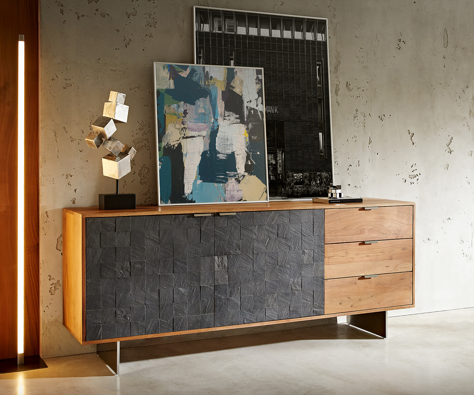 DELIFE Sideboard Teele 175 cm Akazie Natur Schiefer 2 Türen 3 Schubfächer Fuß schwebend Edelstahl, Sideboards