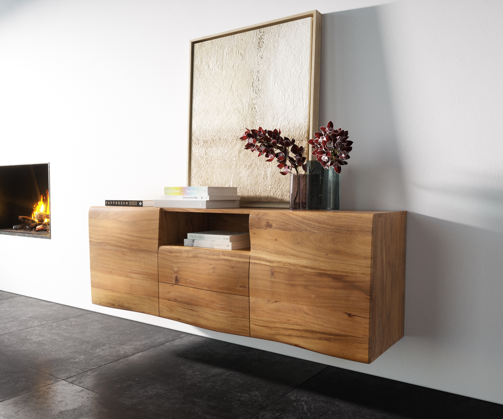 DELIFE Sideboard New Live-Edge 145 cm Akazie Natur 2 Türen 2 Schubladen 1 Fach schwebend, Sideboards, Baumkantenmöbel, Massivholzmöbel, Massivholz