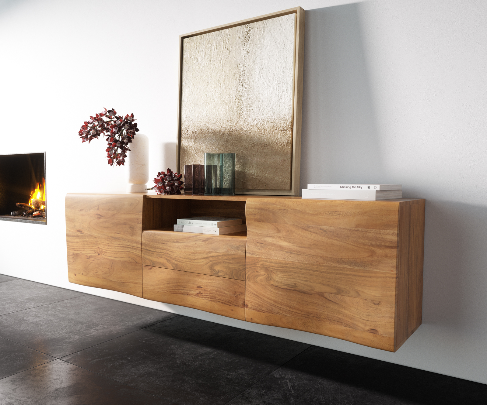 DELIFE Sideboard New Live-Edge 175 cm Akazie Natur 2 Türen 2 Schubladen 1 Fach schwebend, Sideboards, Baumkantenmöbel, Massivholzmöbel, Massivholz