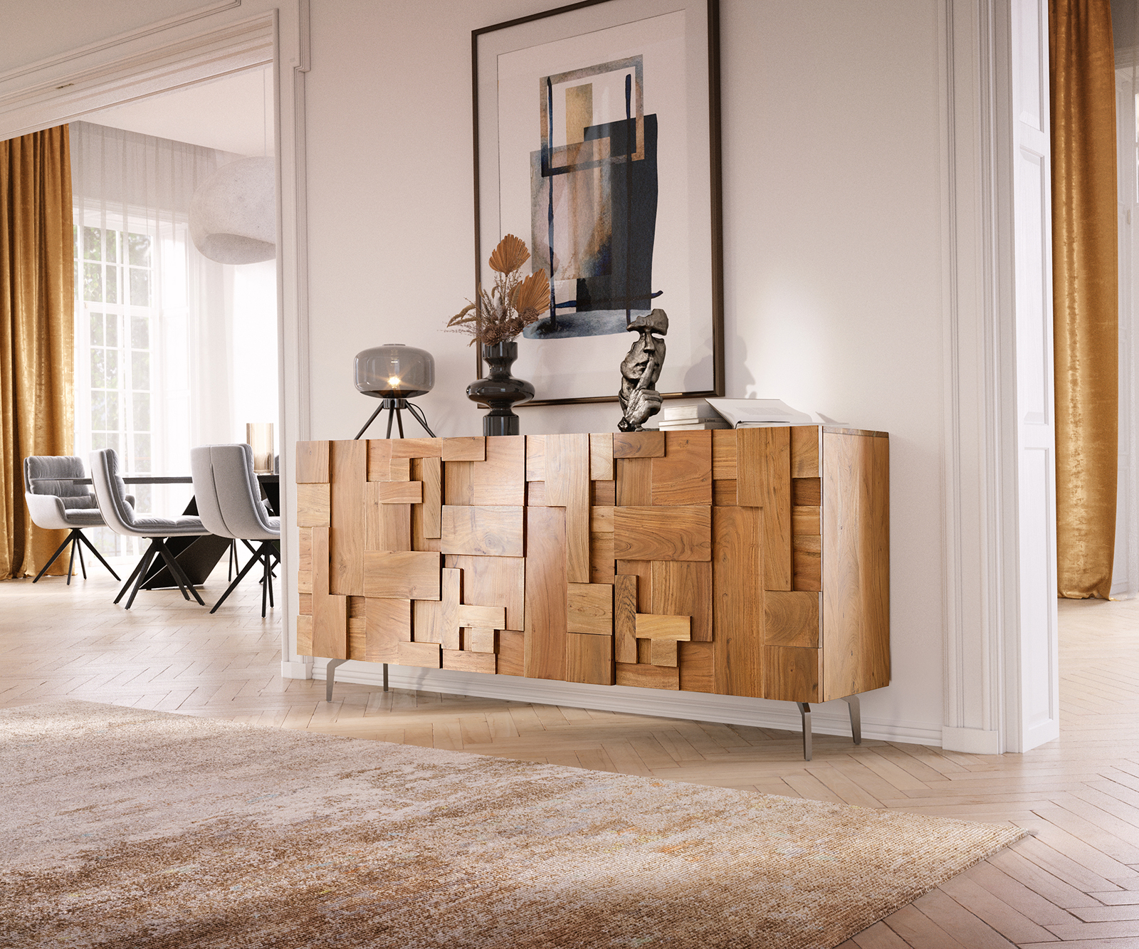 DELIFE Sideboard Puzzle 175 cm Akazie Natur 3 Türen Winkelfuß Edelstahl, Sideboards