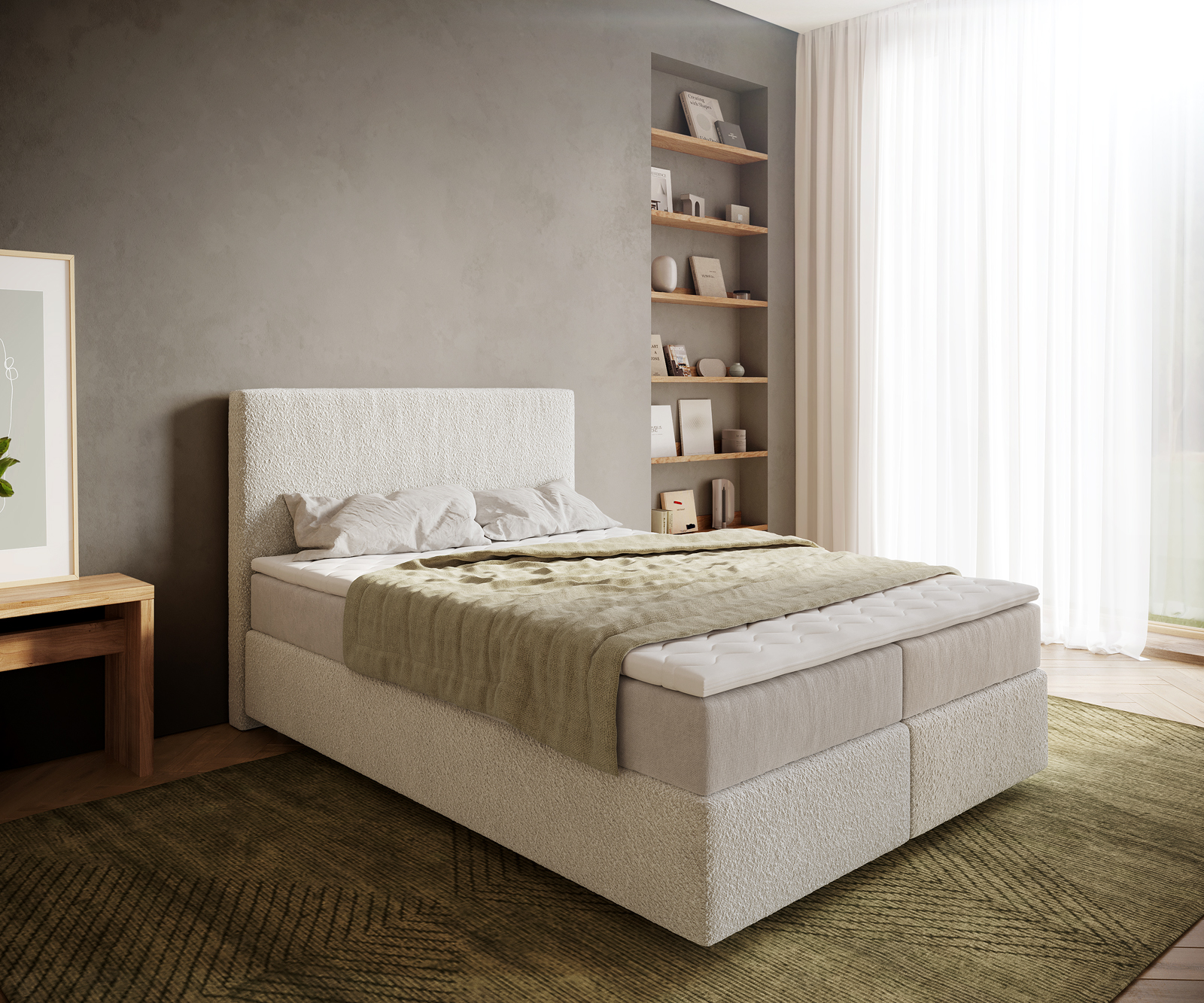 DELIFE Boxspringbett Dream-Well 140×200 cm Bouclé Creme-Weiß mit Taschenfederkernmatratze und Topper Visco, Boxspringbetten