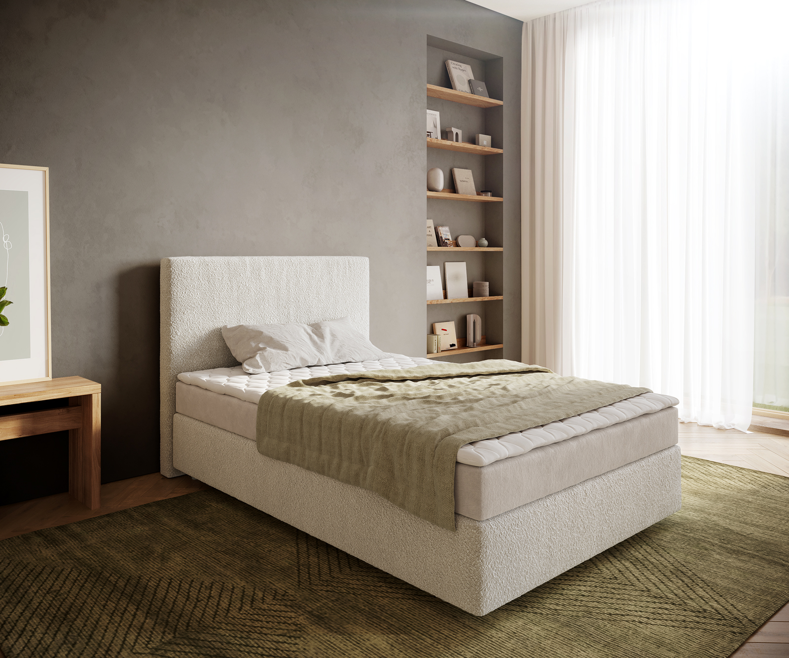 DELIFE Boxspringbett Dream-Well 120×200 cm Bouclé Creme-Weiß mit Matratze und Topper, Boxspringbetten