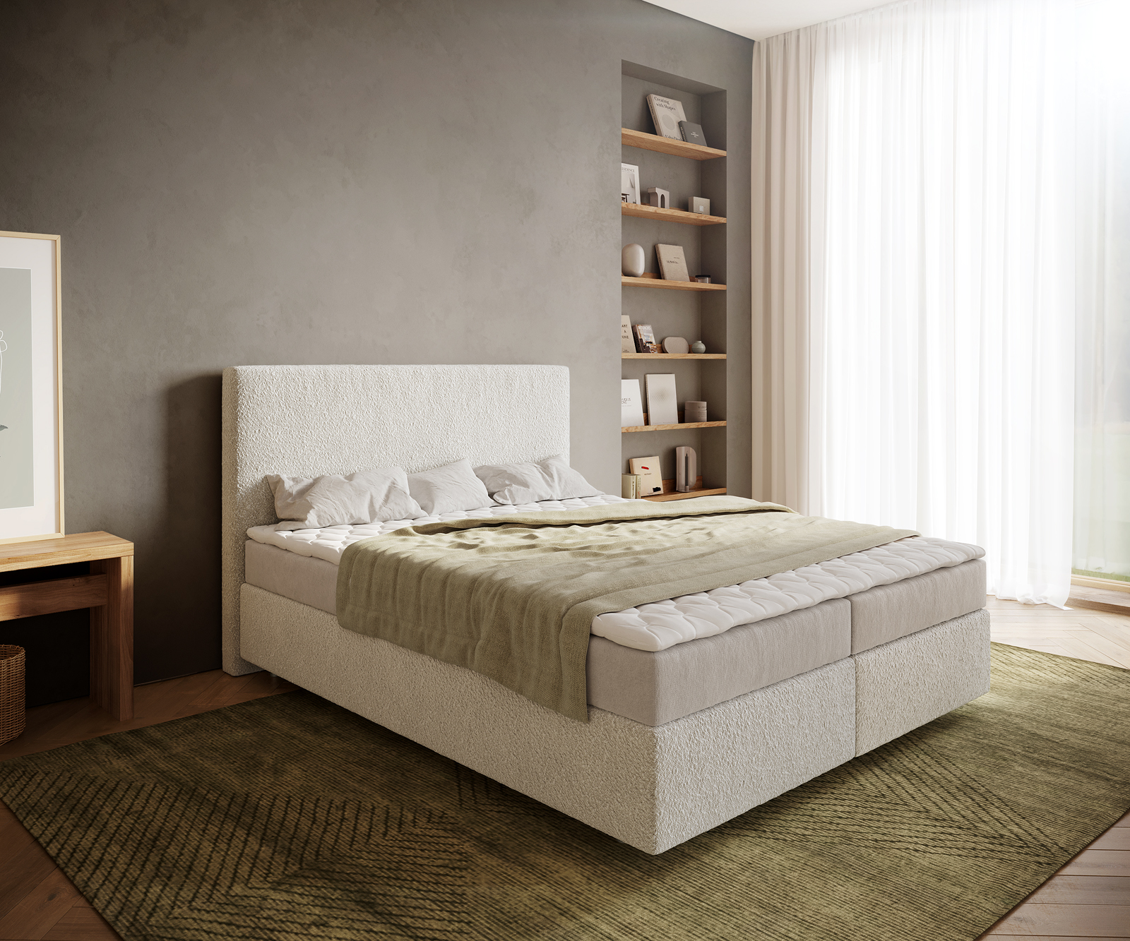 DELIFE Boxspringbett Dream-Well 160×200 cm Bouclé Creme-Weiß mit Matratze und Topper, Boxspringbetten