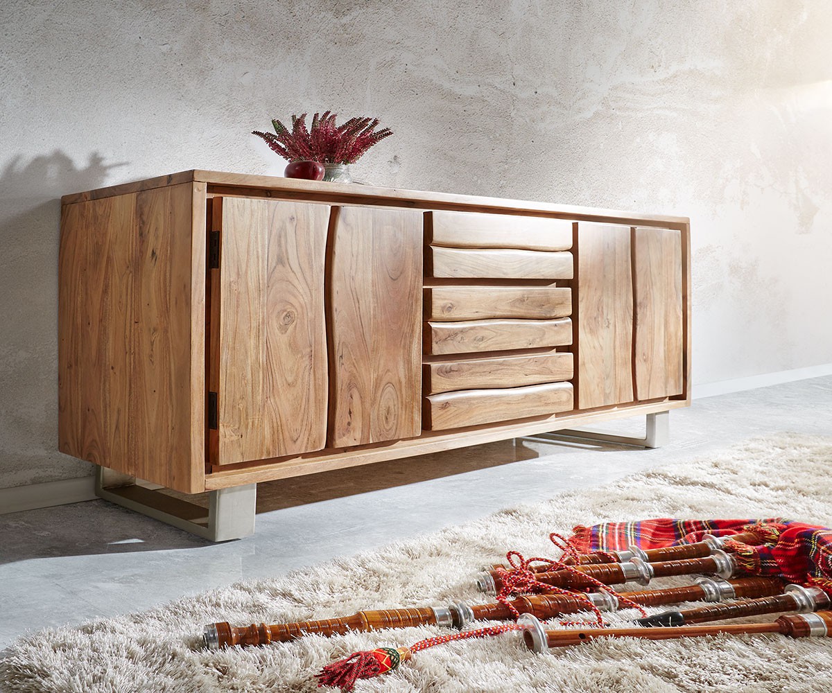 DELIFE Sideboard Live-Edge 170 cm Akazie natur 3 Schübe 4 Türen, Sideboards, Baumkantenmöbel, Massivholzmöbel, Massivholz