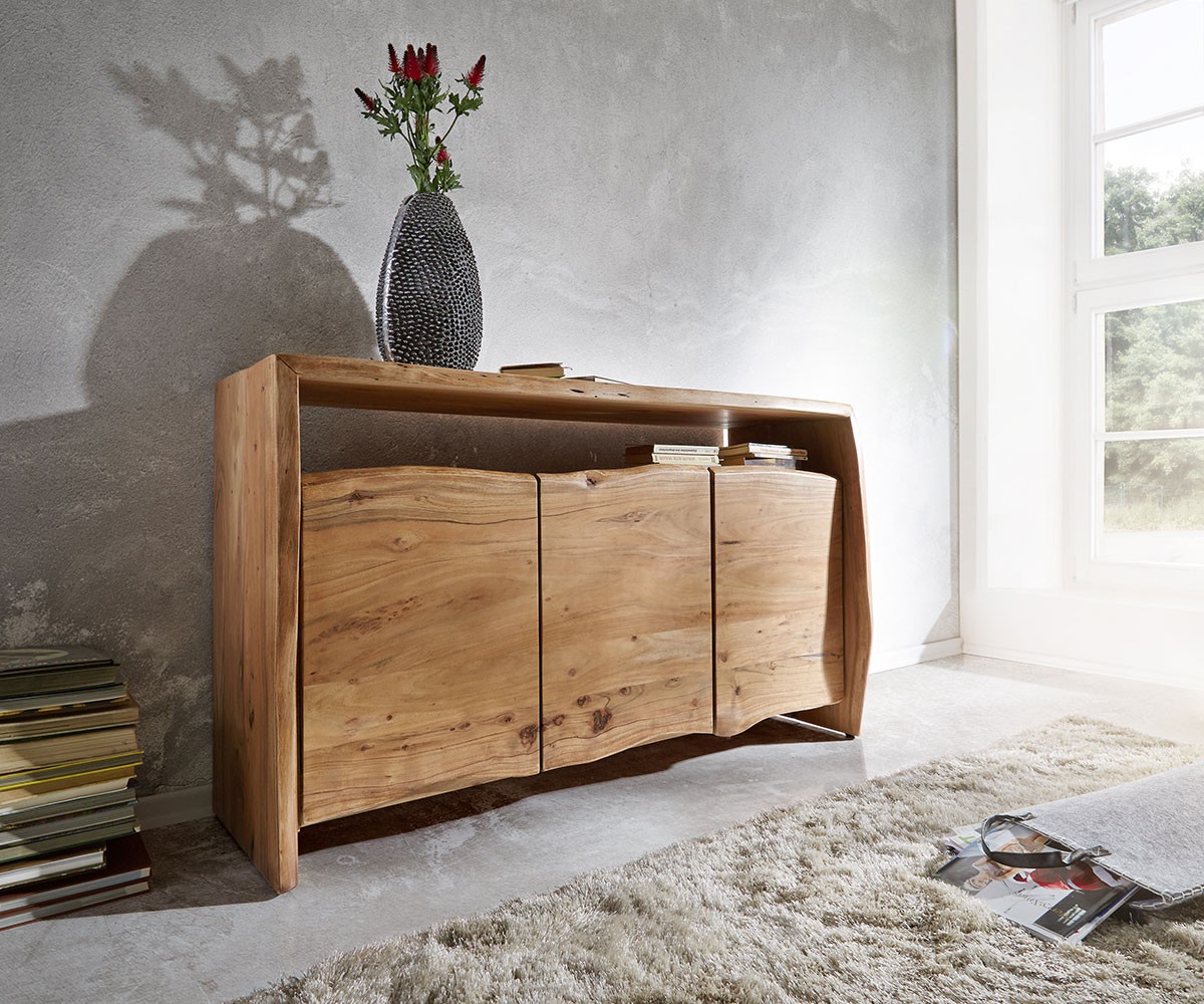 DELIFE Sideboard Live-Edge 145 cm Akazie Natur 3 Türen, Sideboards, Baumkantenmöbel, Massivholzmöbel, Massivholz