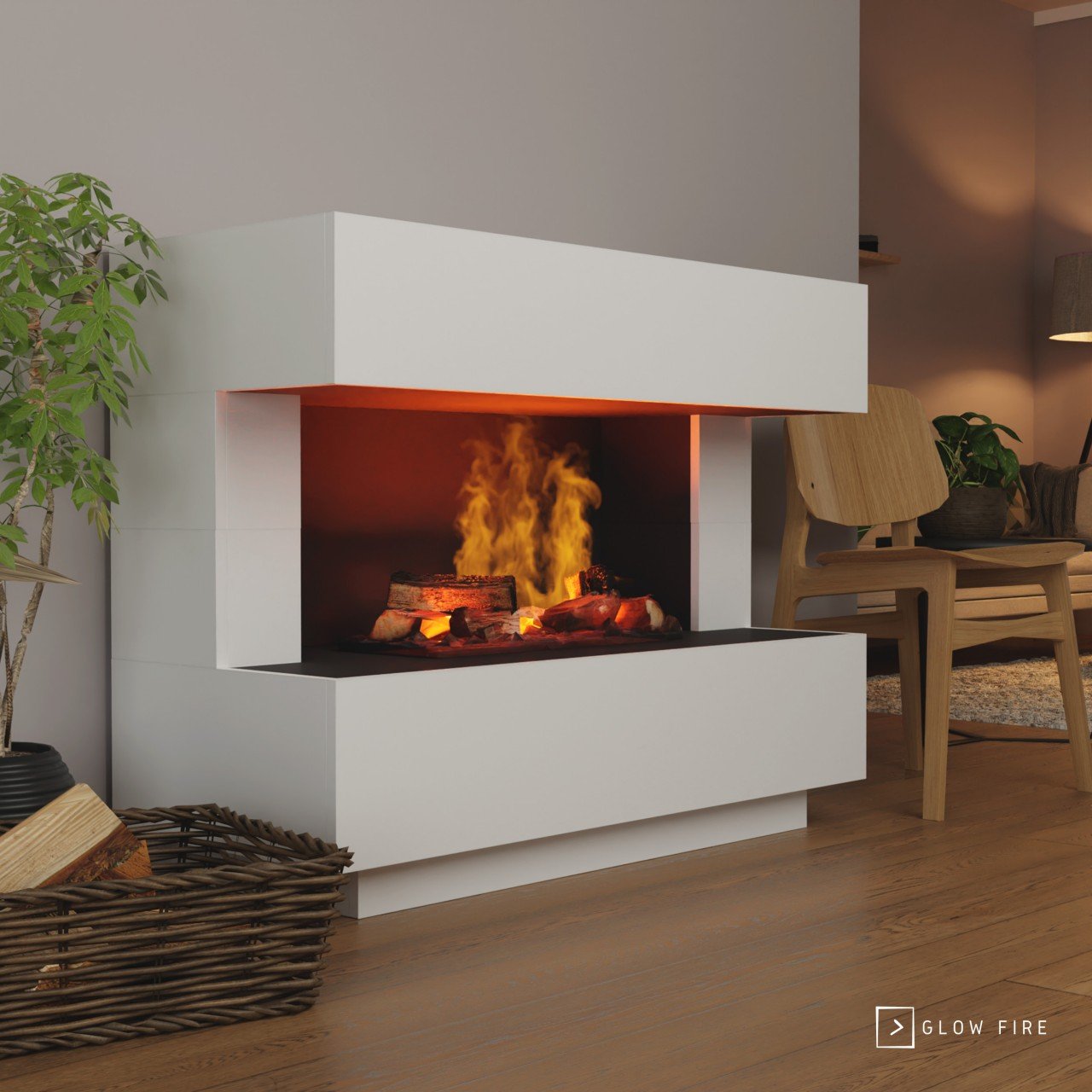 Glow Fire Kant Elektrokamin Weiß OMC 600 mit Deluxe Echtholzdekoration