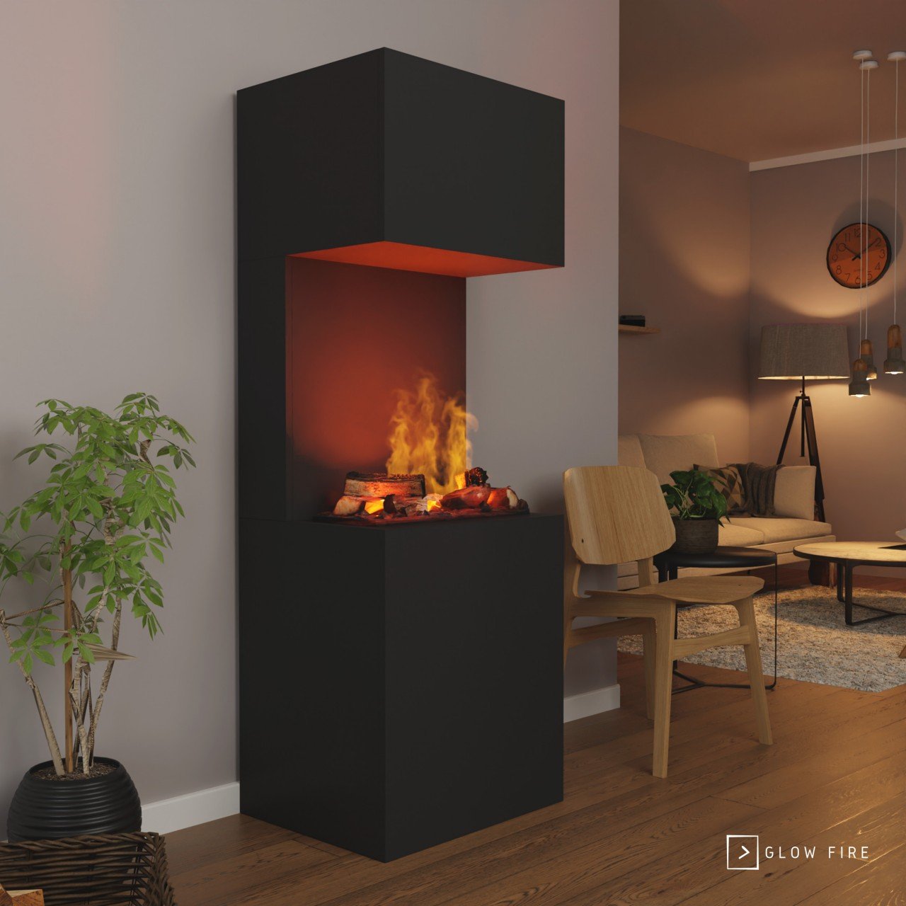 Glow Fire Beethoven Elektrokamin Schwarz OMC 600 mit Deluxe Echtholzdekoration