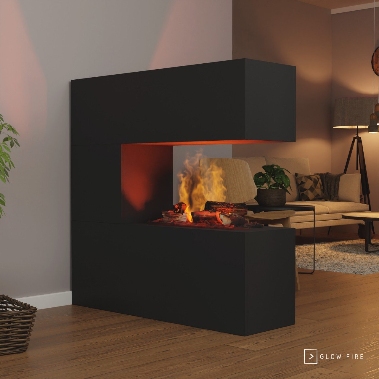 Glow Fire Schiller Elektrokamin Schwarz OMC 600 mit Deluxe Echtholzdekoration