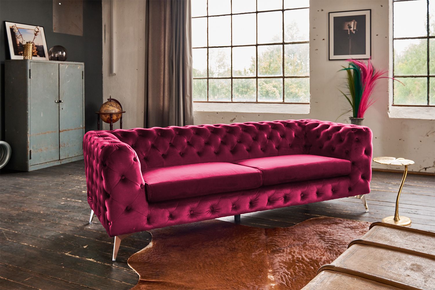 KAWOLA Sofa NARLA Chesterfield 3-Sitzer Velvet rot