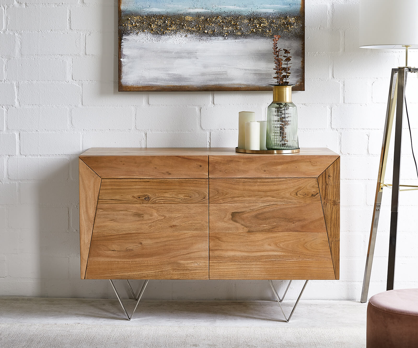 DELIFE Sideboard Wyatt 115×45 cm Akazie Natur Edelstahl, Sideboards