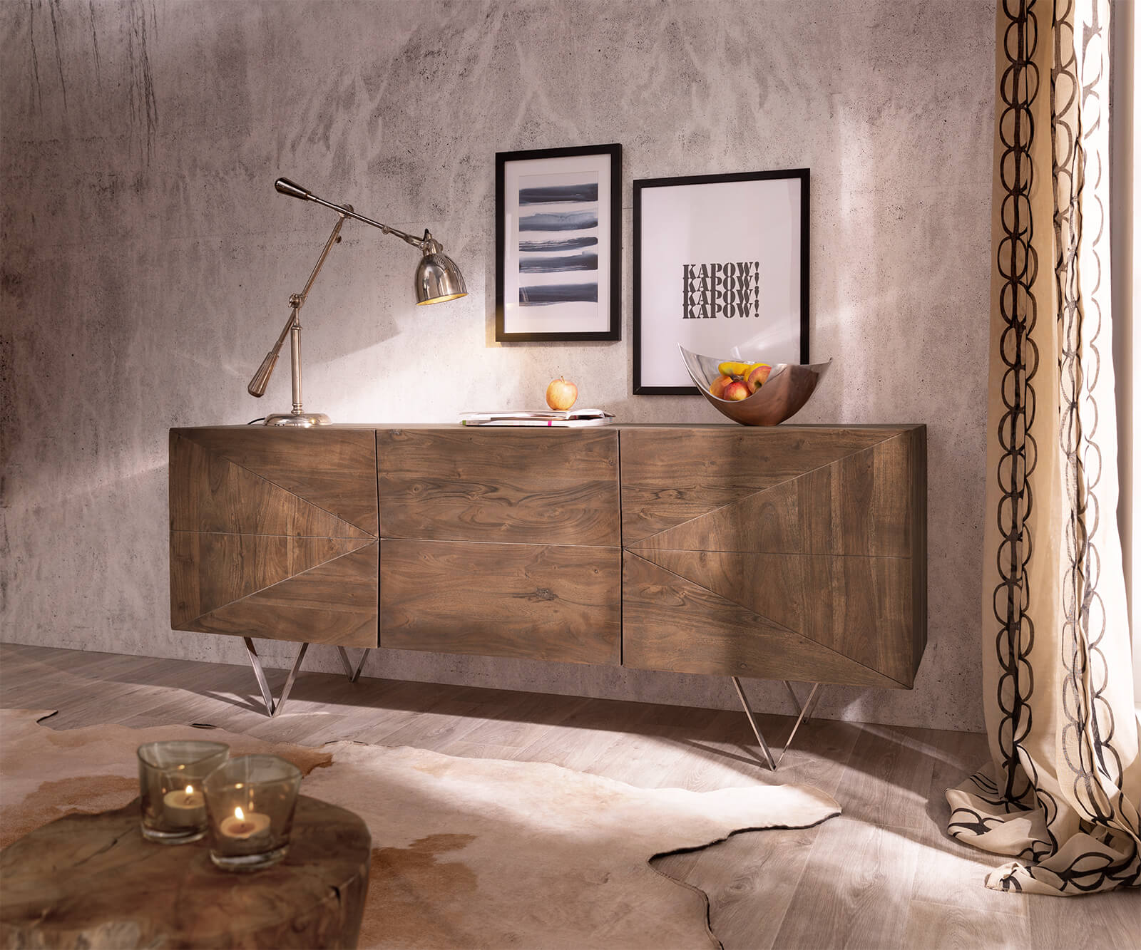 DELIFE Design-Sideboard Wyatt 175 cm 3D Optik mittig Akazie Braun Edelstahl Fuß 20 cm, Sideboards