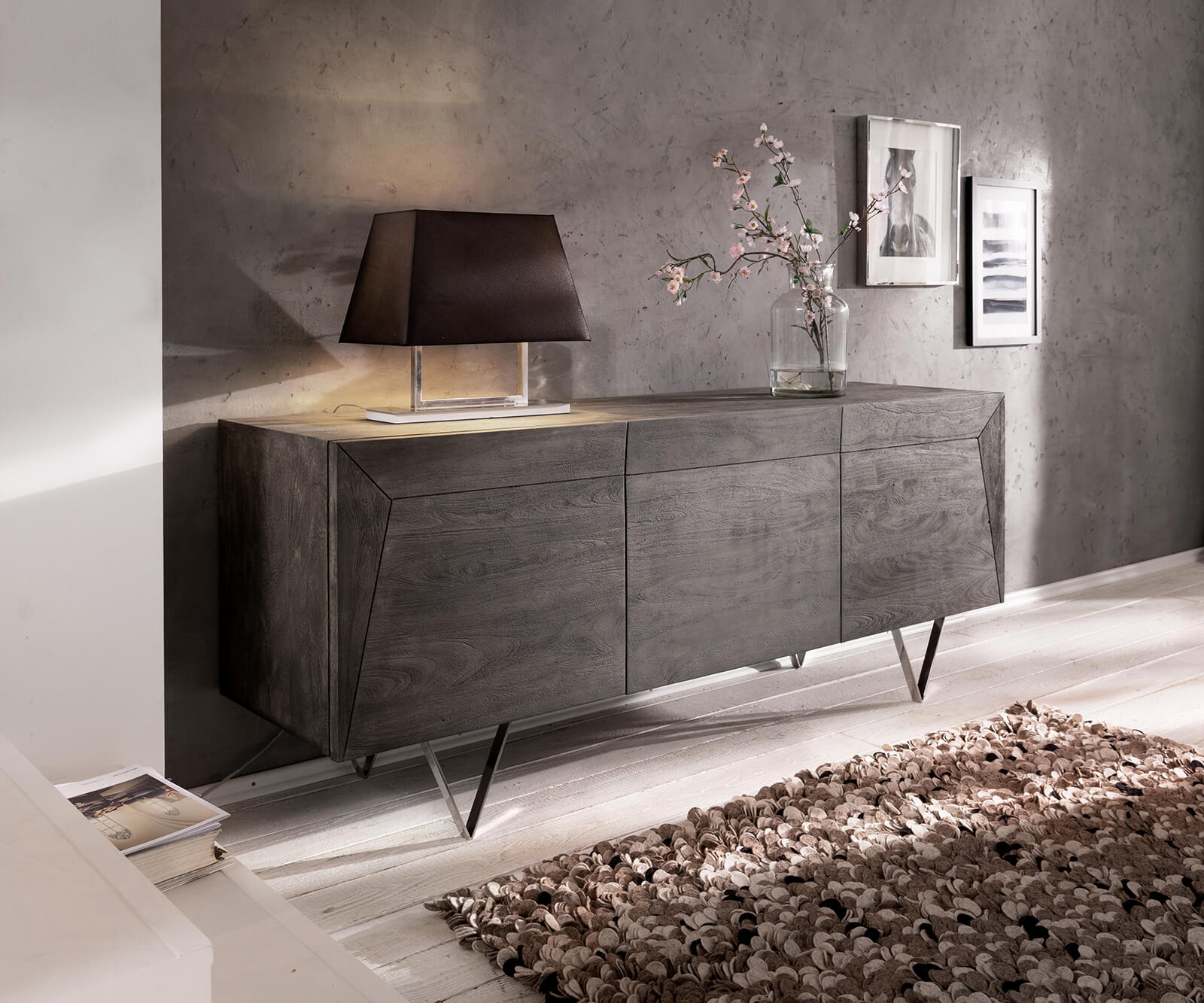 DELIFE Design-Sideboard Wyatt 175 cm Akazie Platin 3D Optik oben Edelstahl Fuß 20 cm, Sideboards