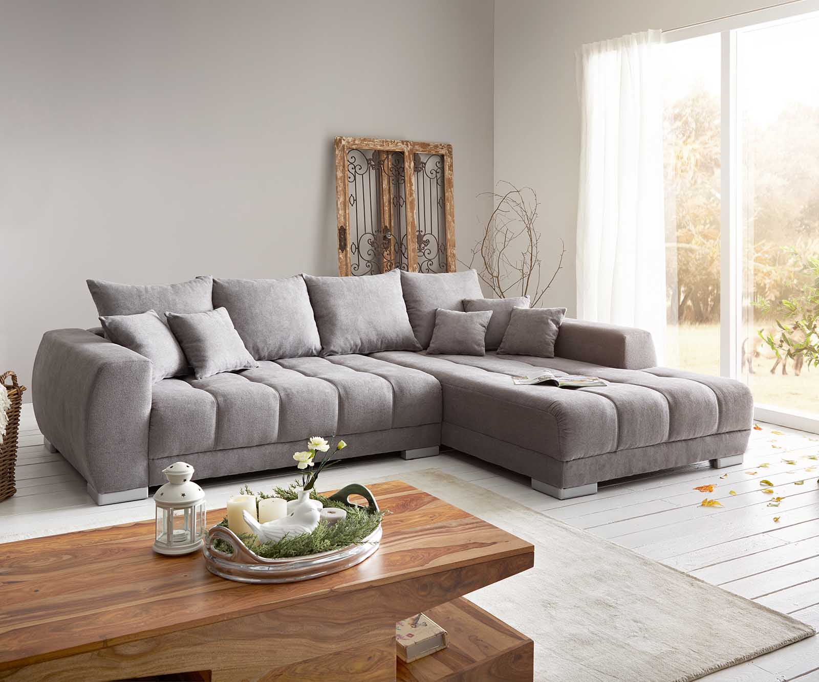 DELIFE Ecksofa Josea 300×220 cm Mikrofaser Steingrau Recamiere rechts, Ecksofas