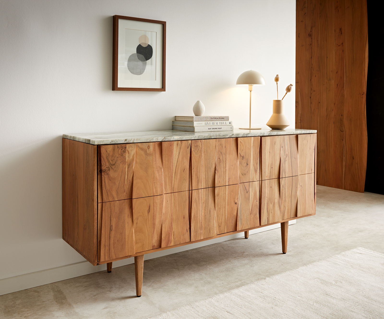 DELIFE Sideboard Shia 147cm Akazie Natur Marmor Grau-Weiss 3 Türen 6 Fächer, Sideboards