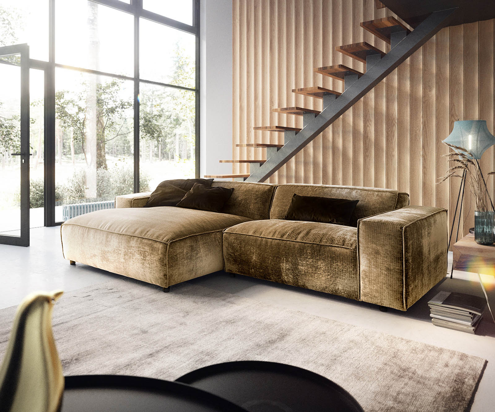 DELIFE Ecksofa Tenso 280×165 cm Chenille Gold Recamiere links, Ecksofas