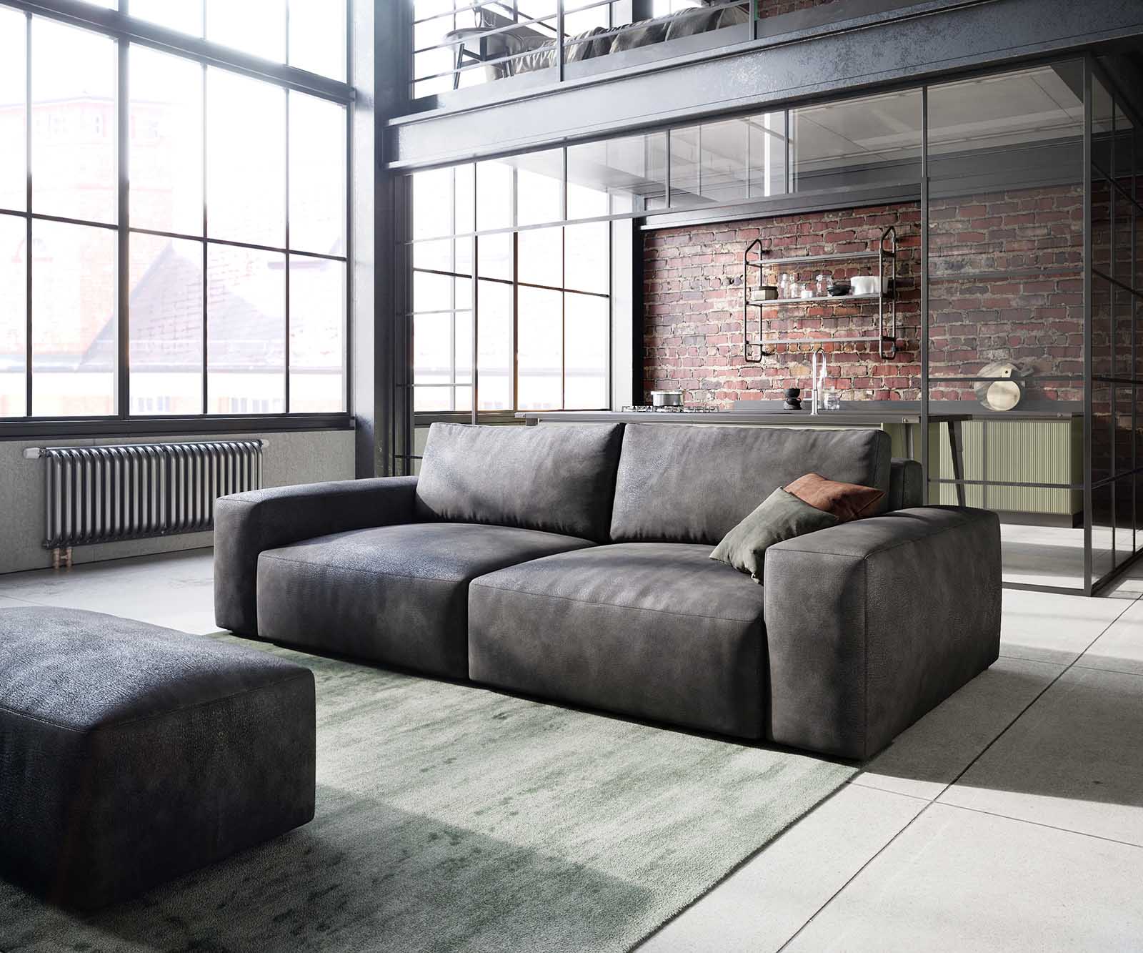 DELIFE Big-Sofa Lanzo L 260×110 cm Lederimitat Vintage Anthrazit mit Hocker, Big Sofas