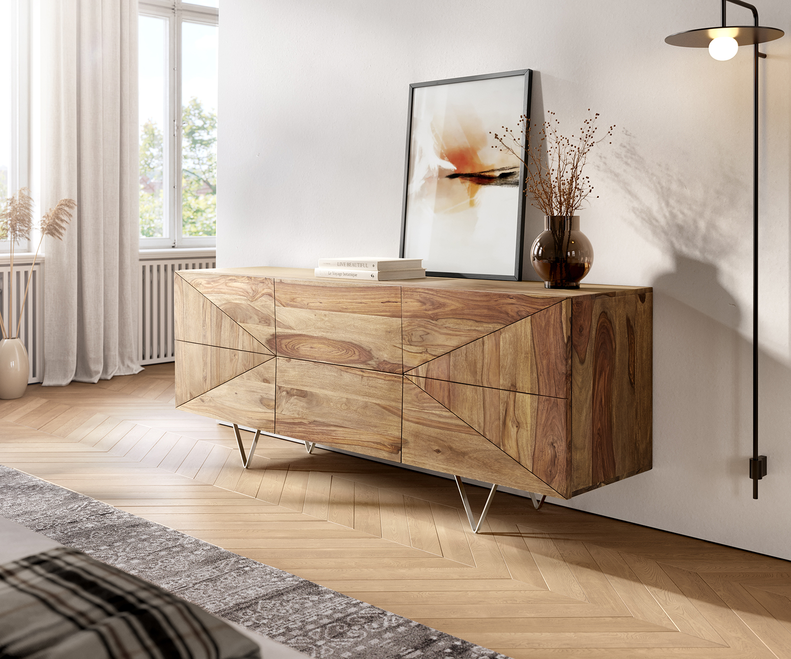 DELIFE Design-Sideboard Wyatt 175 cm Sheesham Natur 2 Türen 2 Schübe, Sideboards